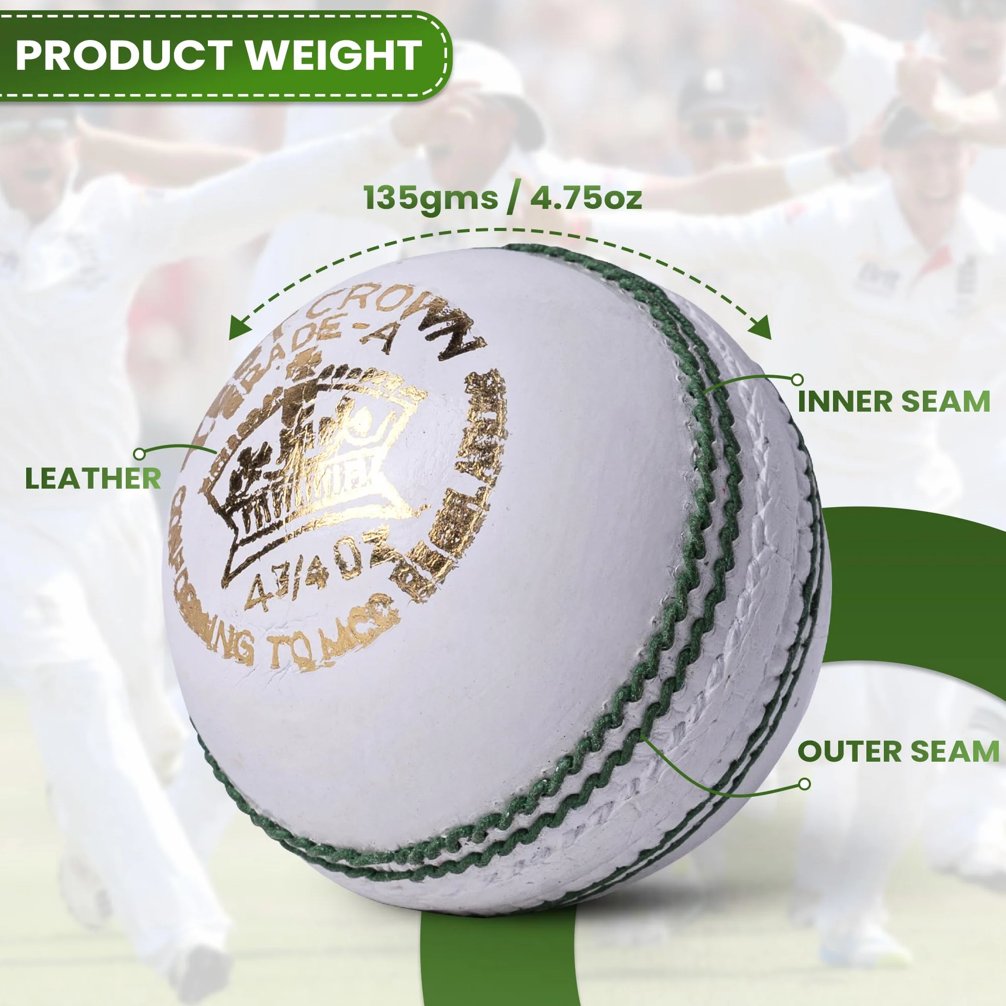 Zipper Junior Cricket Ball 4.75oz Hand-Stitched Leather Youth Cricket Balls