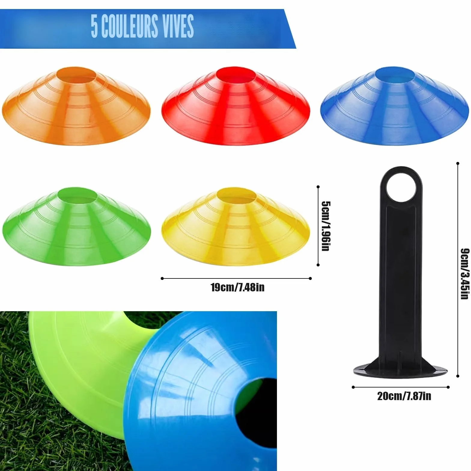 Plots de Marquage Football Cône Entraînement avec Support Noir 5 Couleurs