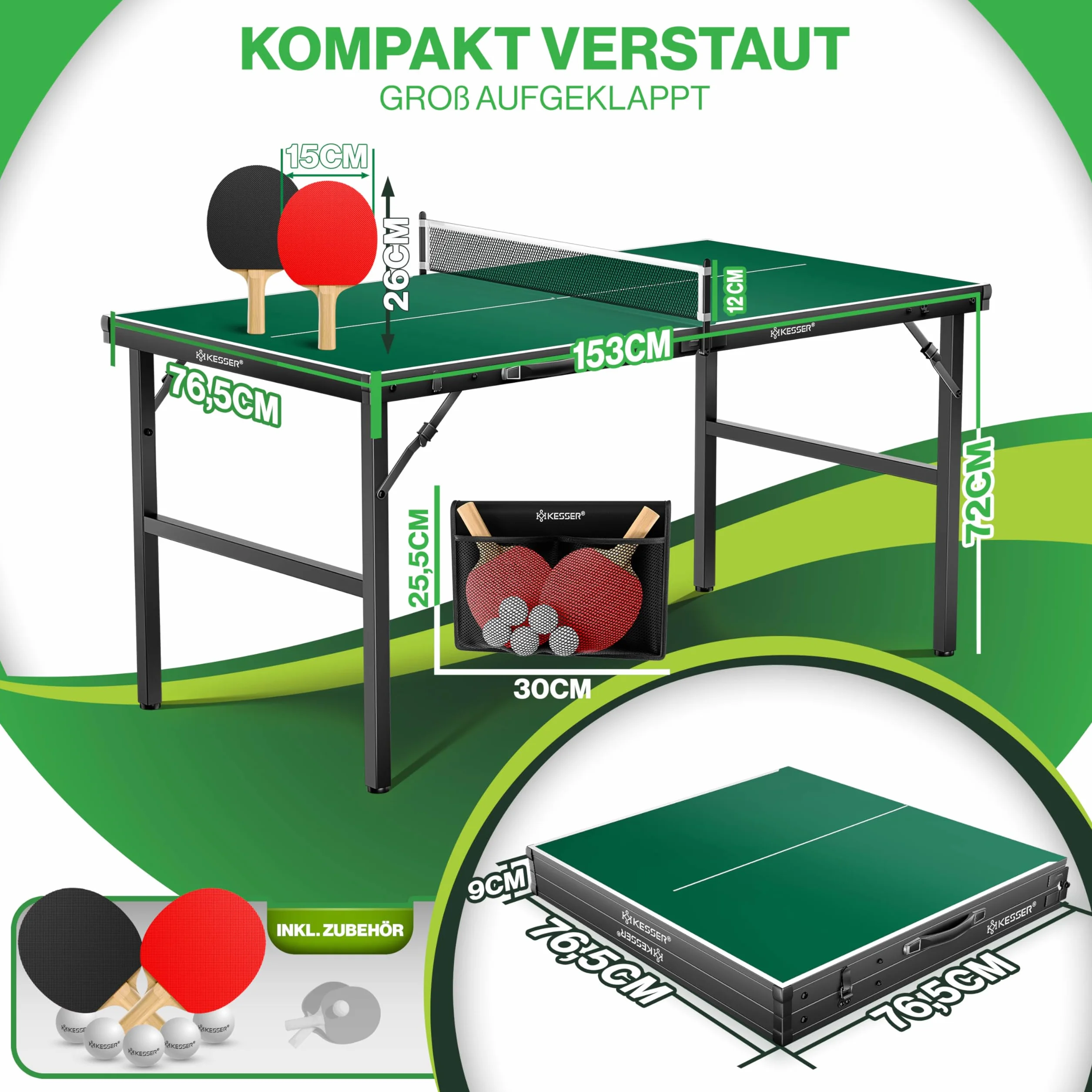 KESSER Mini table de ping-pong d'extérieur intérieur avec raquettes balles filet TT résistant aux intempéries laminé pliable