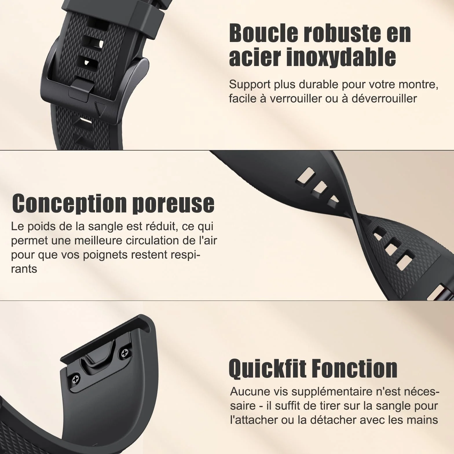 Bracelet Quickfit 22mm pour Garmin Fenix 5/6/7/7 pro/6 pro/5 plus, Forerunner 935/945/955/965, Epix Gen 2, Instinct/2, Approach S60, Quatix 7/6/5/7 pro (Noir)