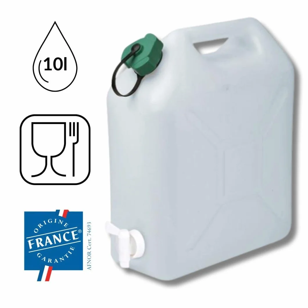 Bidon à Eau 10 L Jerrican Extra Fort avec Bouchon Simple et Robinet Certifié Contact Alimentaire 29 x 14 x 35 cm Naturel