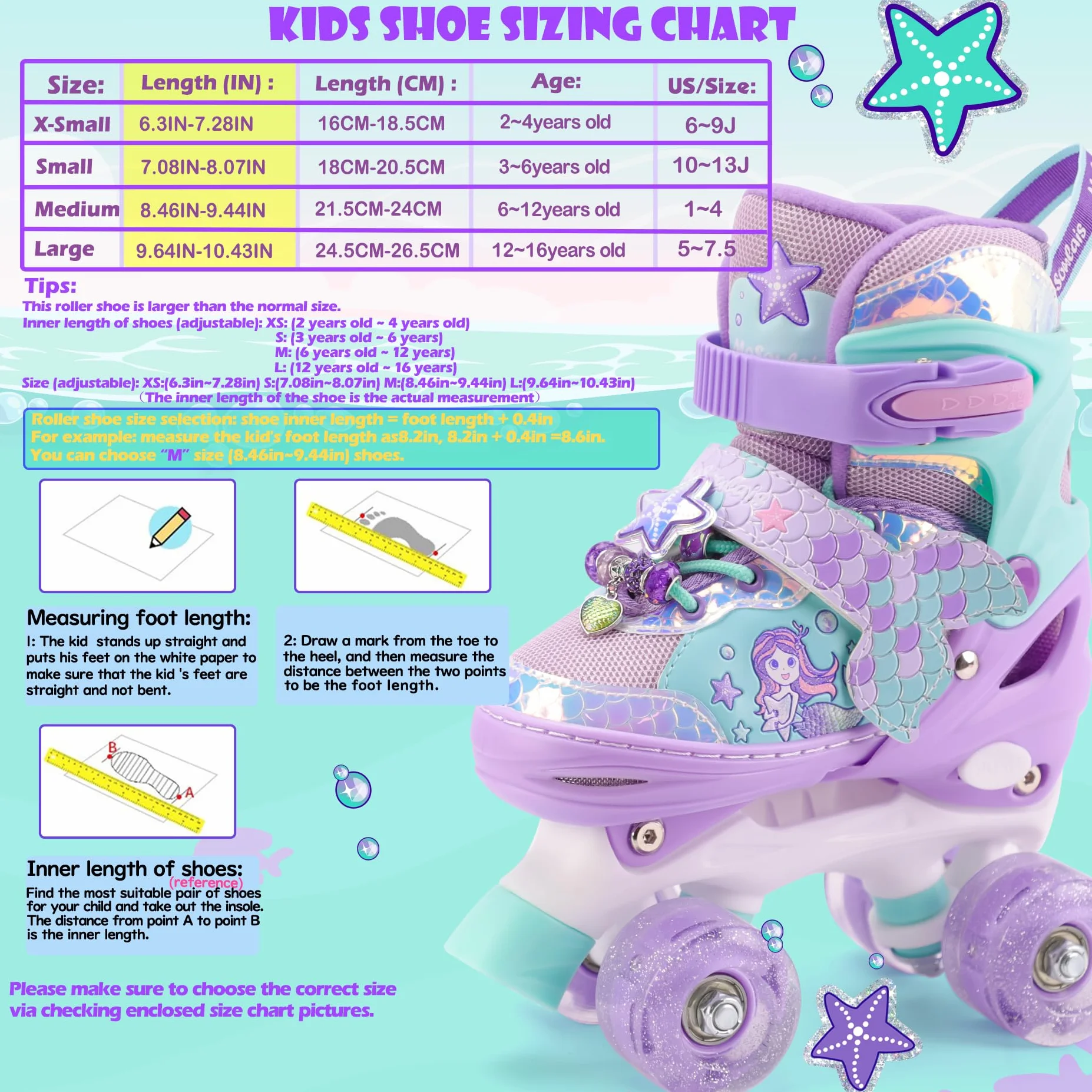 Sirène Patins à roulettes Enfant Roller Fille 4 Roues Ajustable Roues Allumées Débutants Cadeau