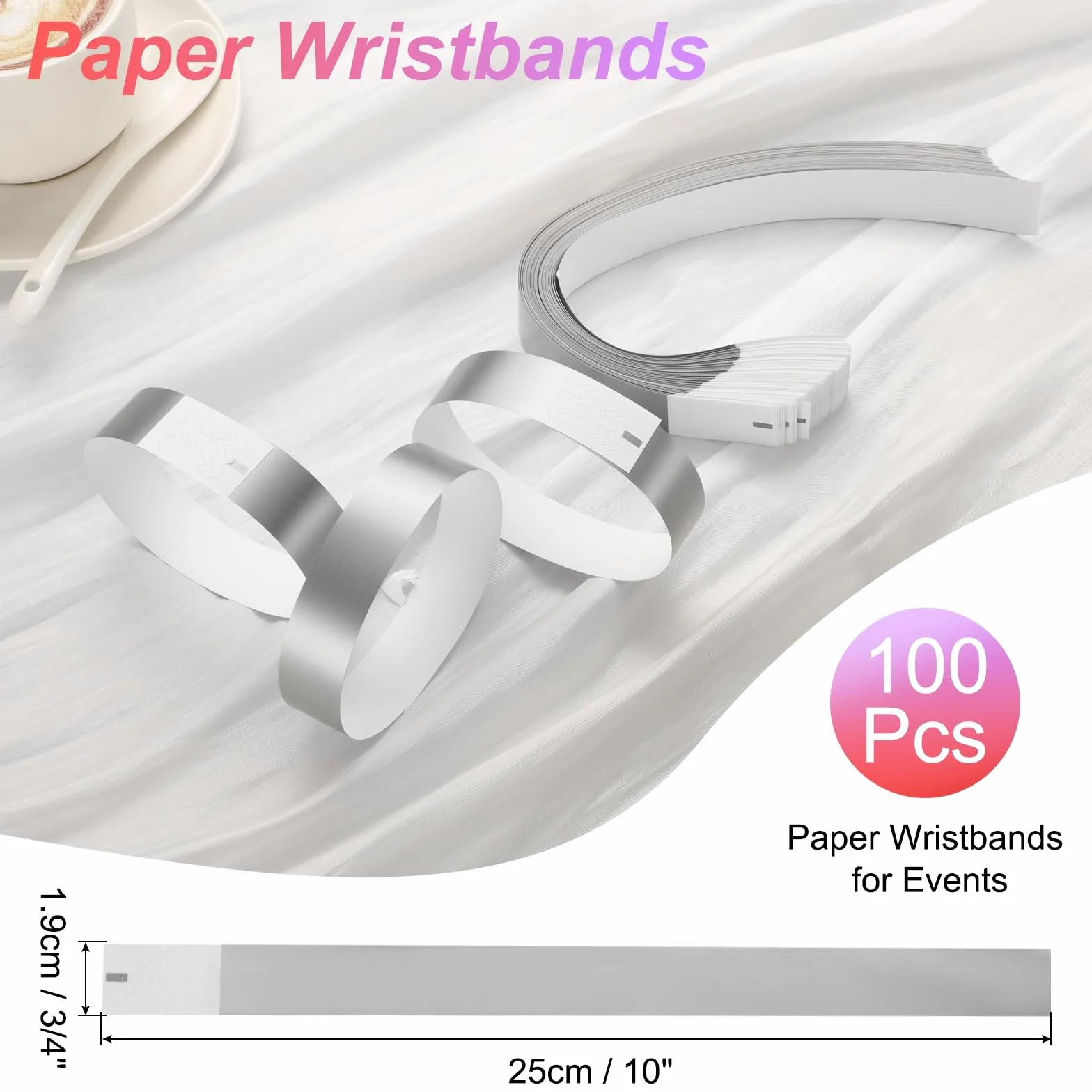 Bracelets en Papier Anti-Eau pour Événements Fête Concert 100 Pièces Argent