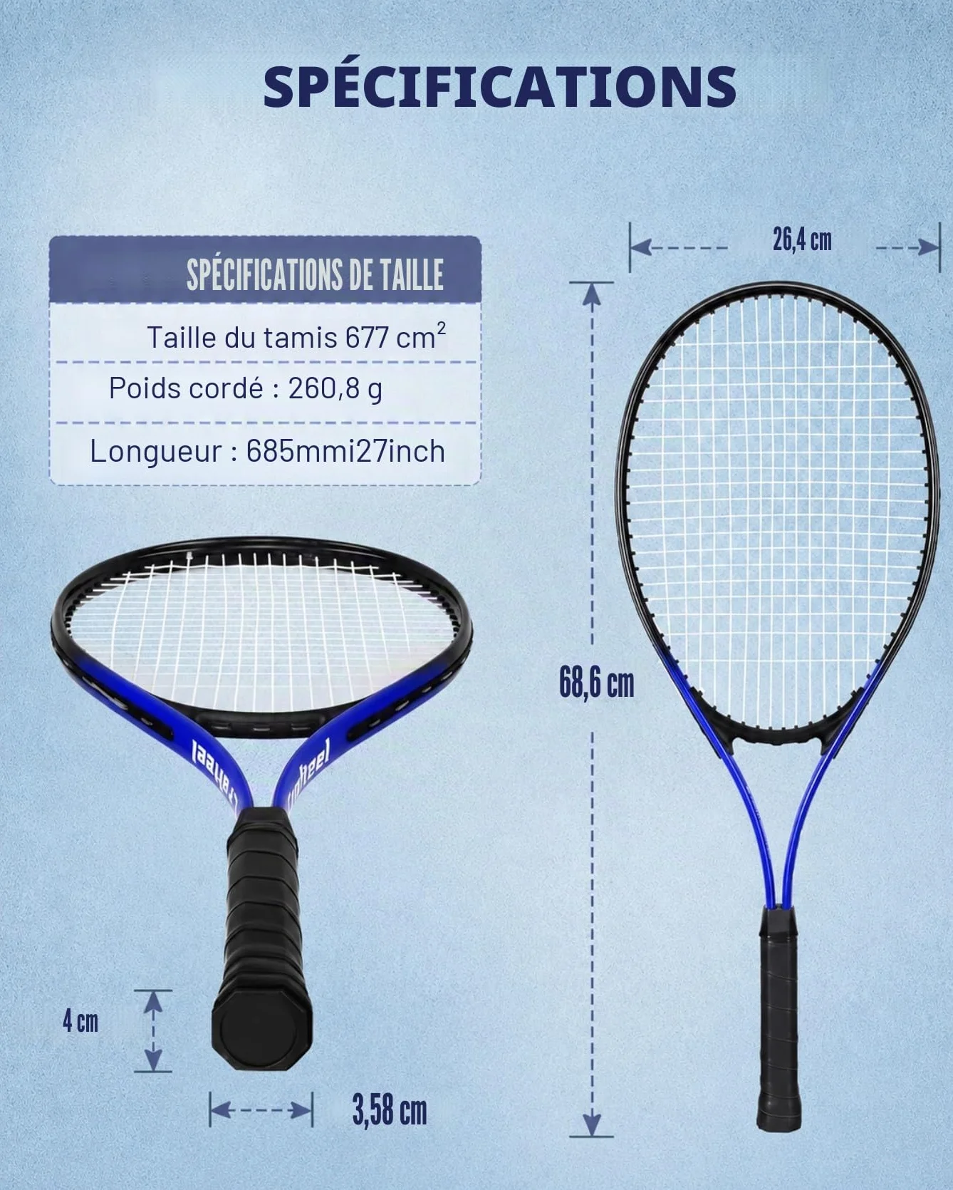 Lot de 2 raquettes de tennis 68,6 cm pour débutants