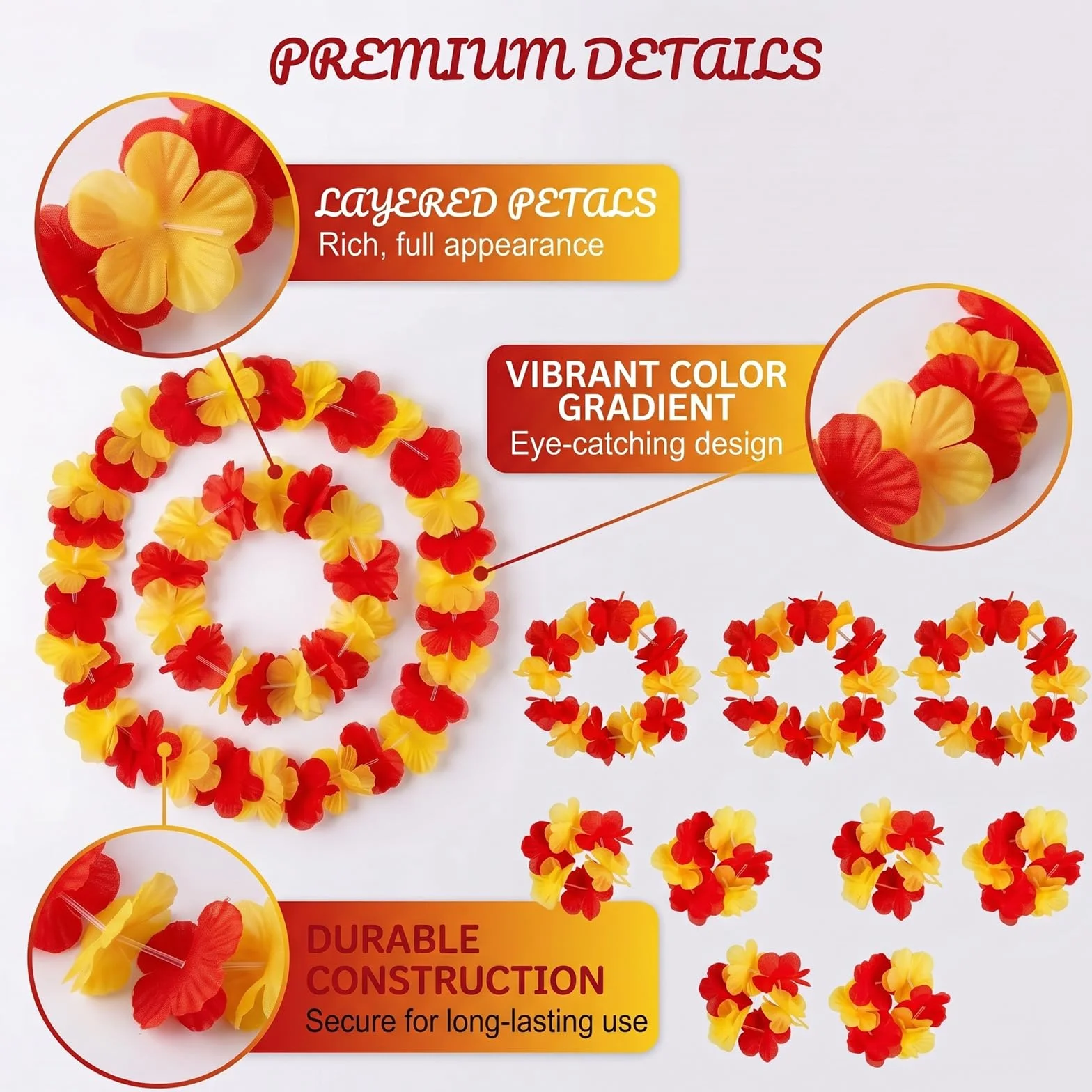 Lot de 3 Kits Supporter Football 12 Pièces, Collier Hawaien Fleurs Jaune et Rouge, Accessoire de Fête