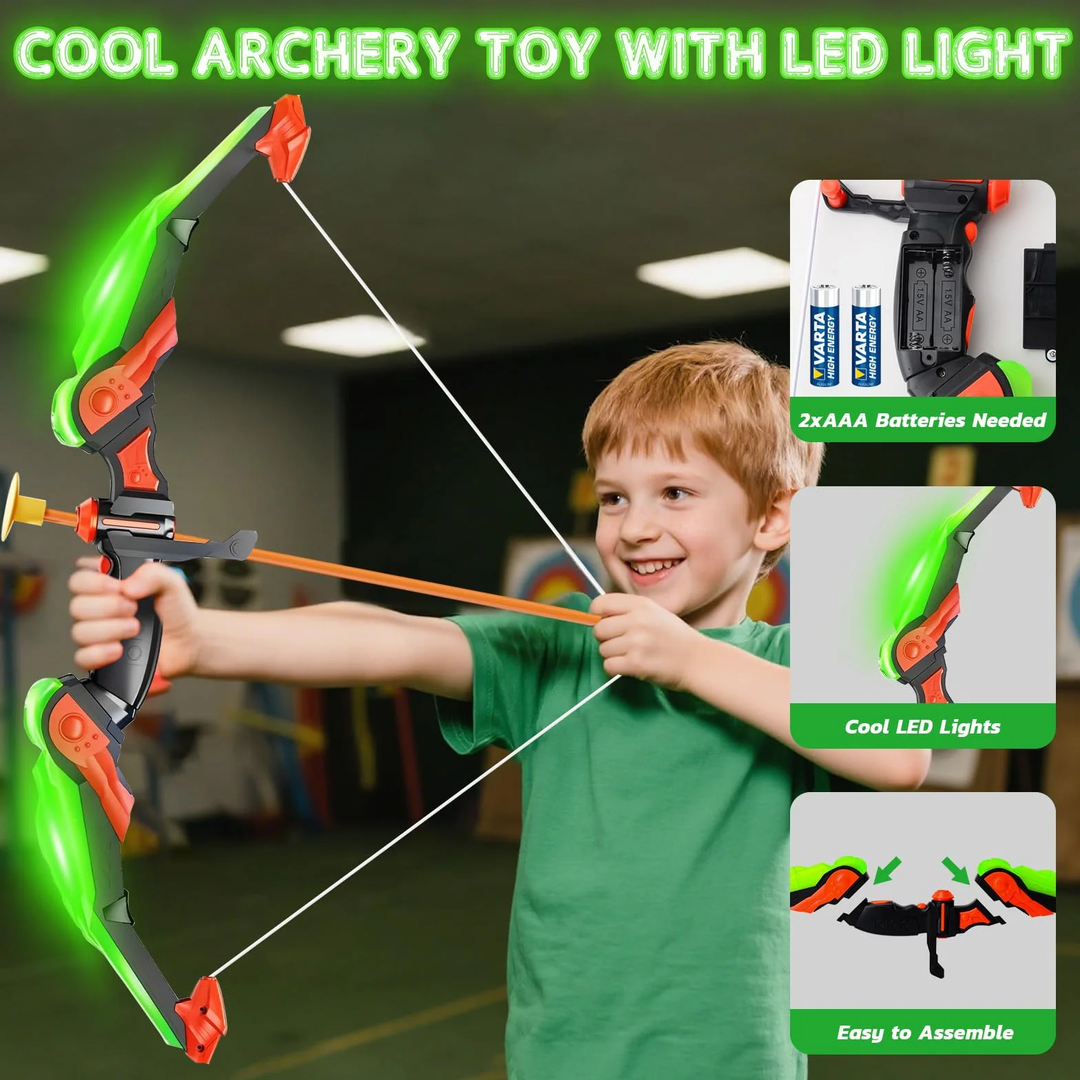 Arc et Flèche Enfants LED Lumineux avec Carquois 10 Flèches Ventouse Cibles Jouet Tir à l'Arc 3-12 Ans