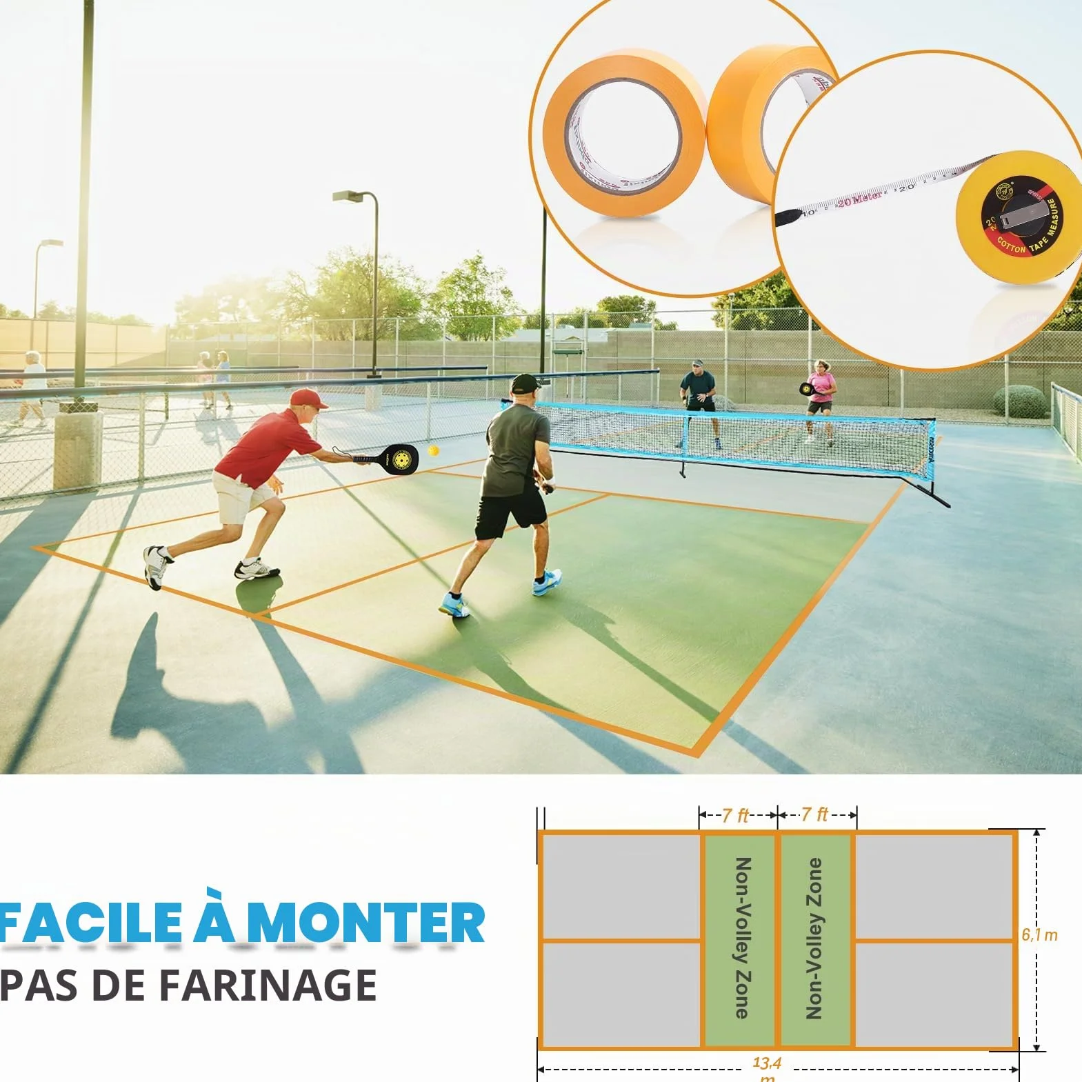 Amicoson Filet de Pickleball Set 22FT en bois pour extérieur avec 4 raquettes, 8 balles, sac de transport