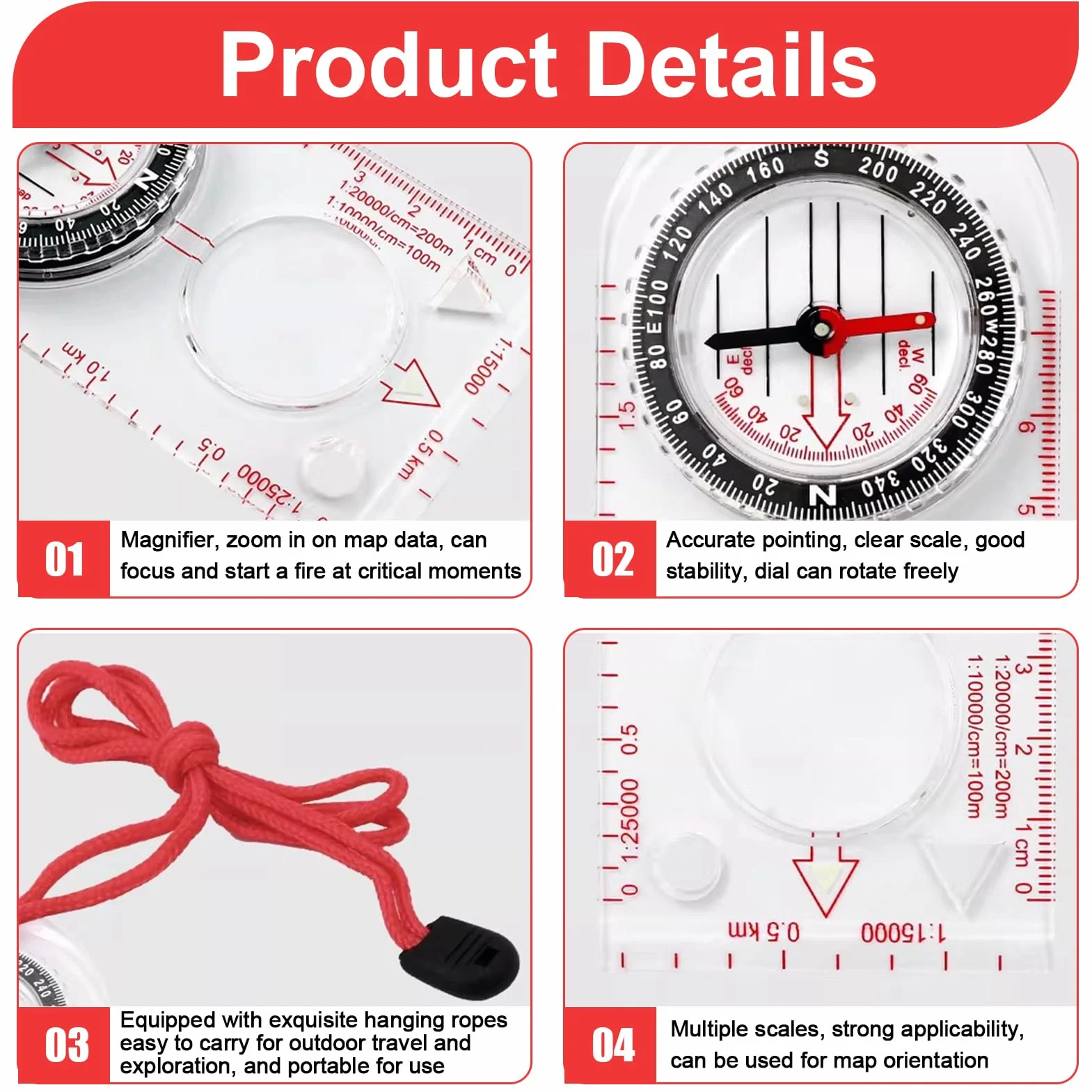 Boussole de Navigation avec Déclinaison Réglable, Corde Rouge Transparente pour Randonnée Camping Sport Plein Air