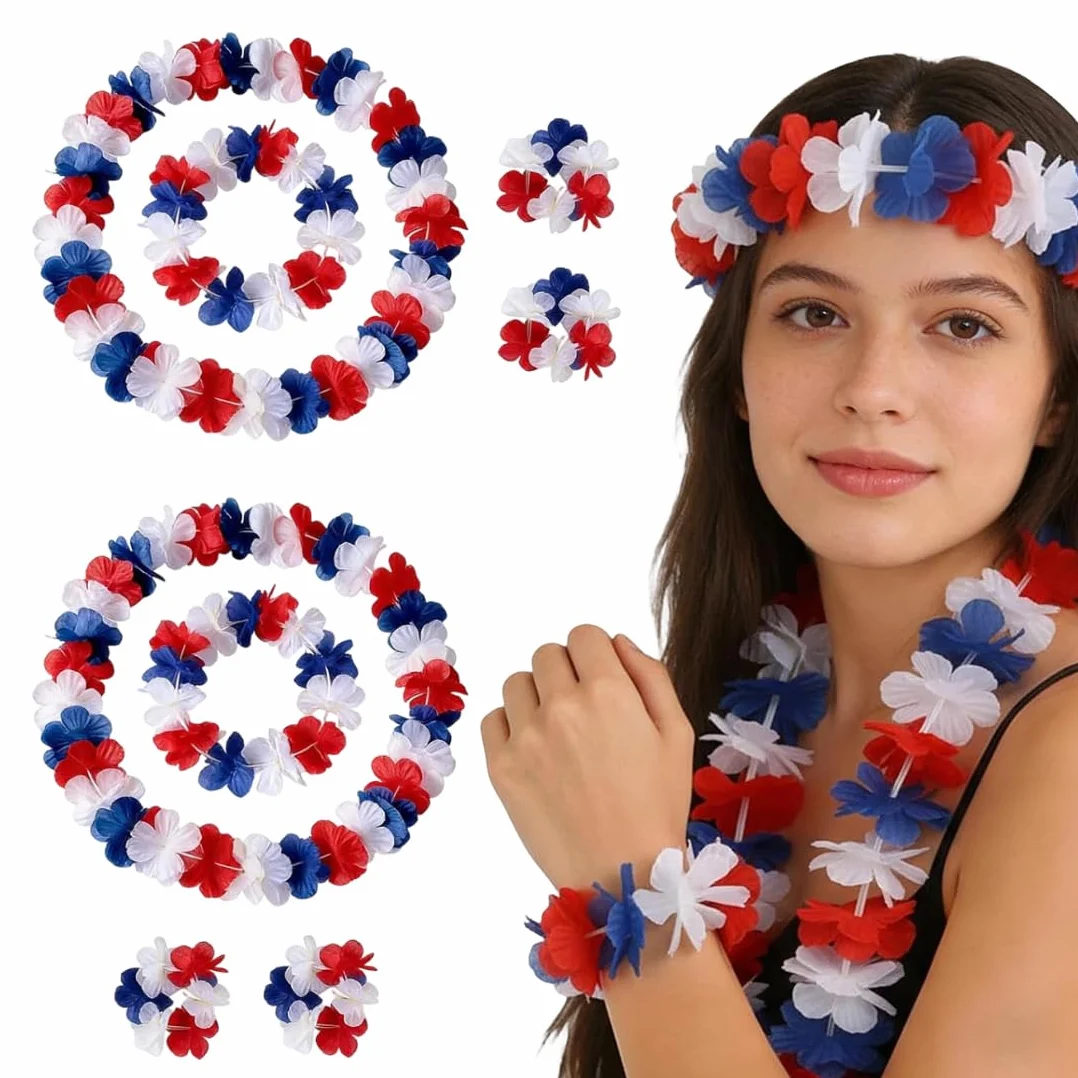 Guirlandes hawaïennes France Bleu Blanc Rouge - Bandeau, Collier, Bracelet - Décoration Coupe du Monde 2026 Football