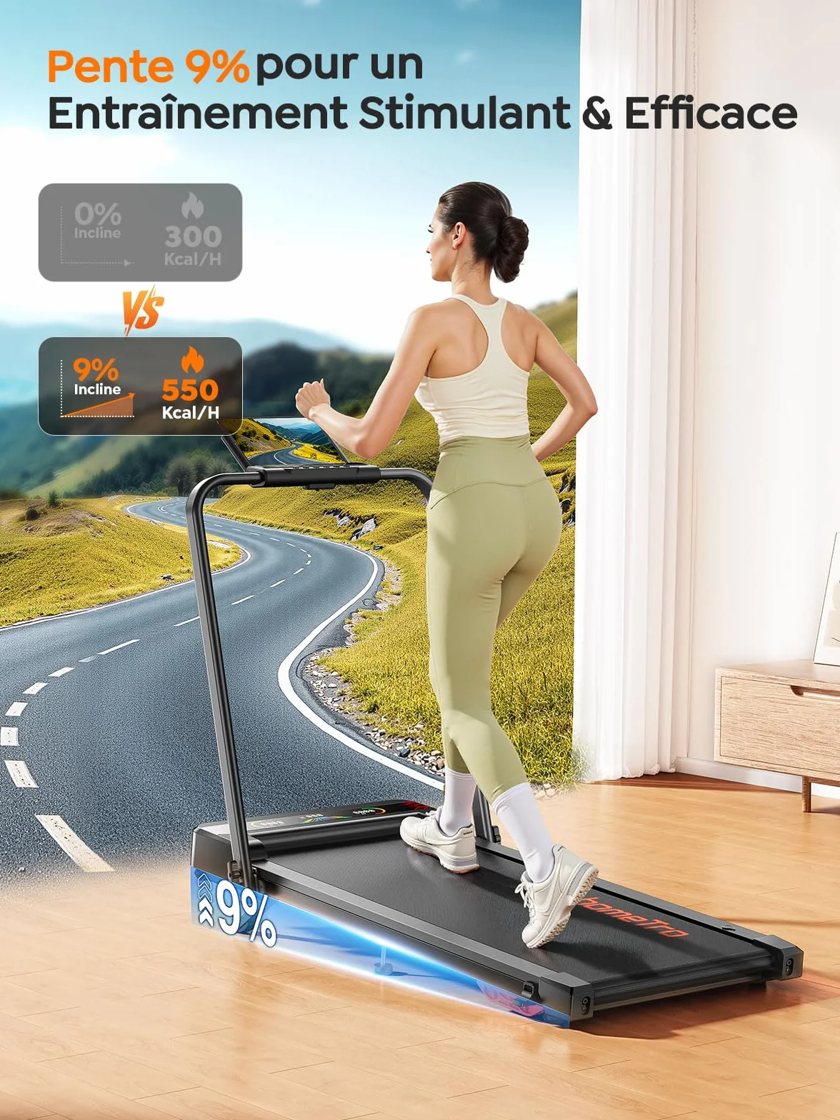 Tapis de Course Pliable 5-en-1 avec LED Motivantes, Inclinable 9%, Moteur Silencieux, Double Écran LED, 1-12 km/h, Compact Walking Pad 120kg