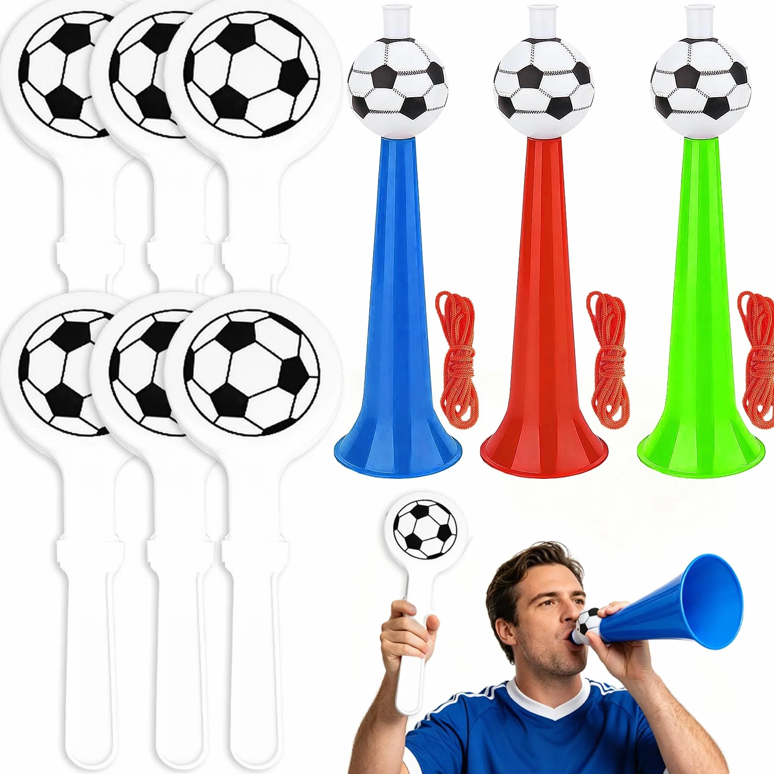Lot de 3 Vuvuzela Football Tröte avec 6 Claque à Main pour Événements Sportifs
