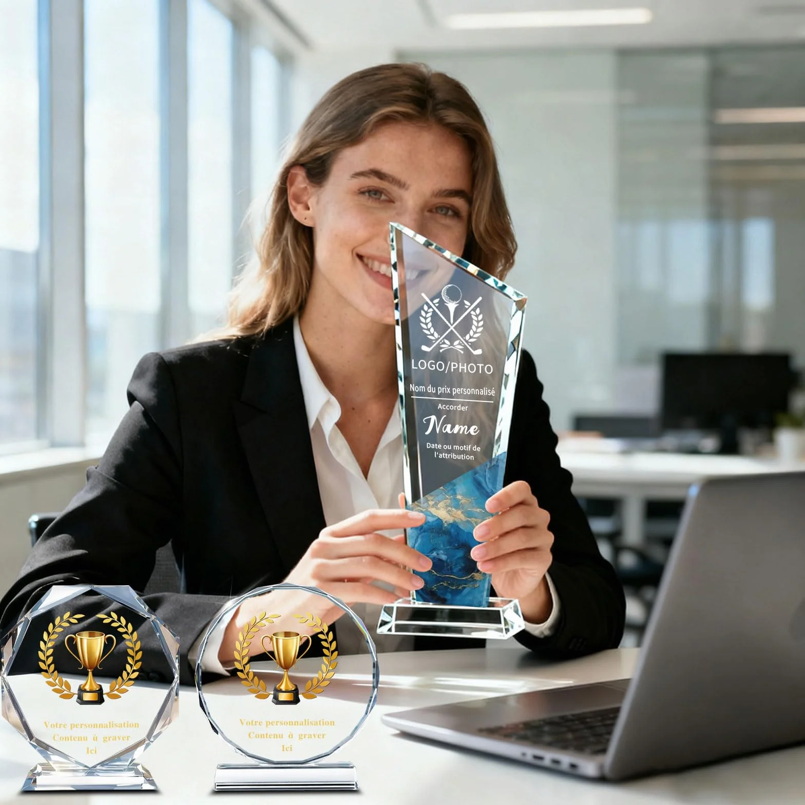 Trophée Personnalisable en Cristal Gravé Logo et Texte Cadeau d'entreprise pour Récompense Employé