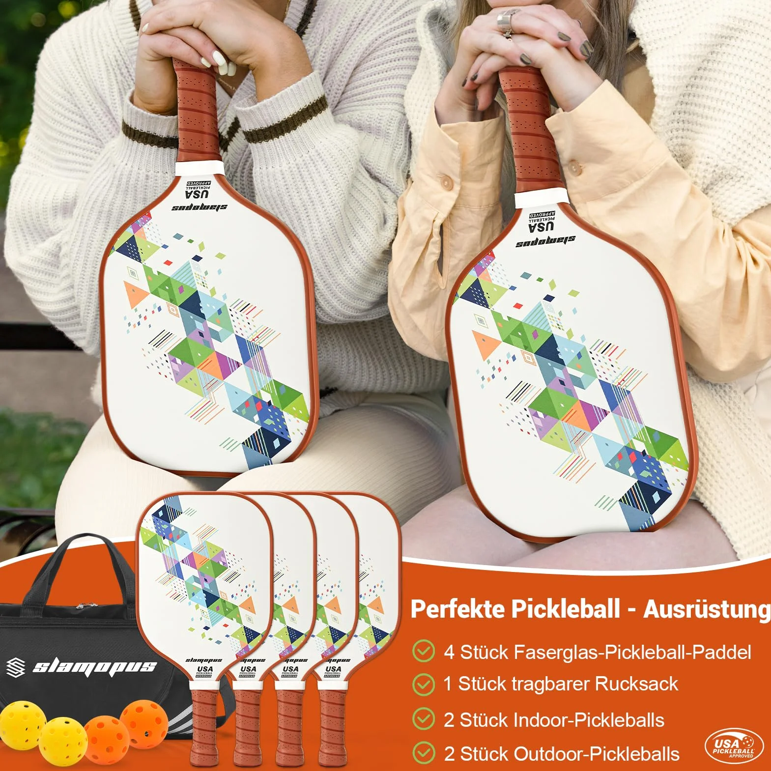 Lot de 4 raquettes de pickleball en graphite fibre de verre avec 2 balles intérieures et 2 balles extérieures sac de transport
