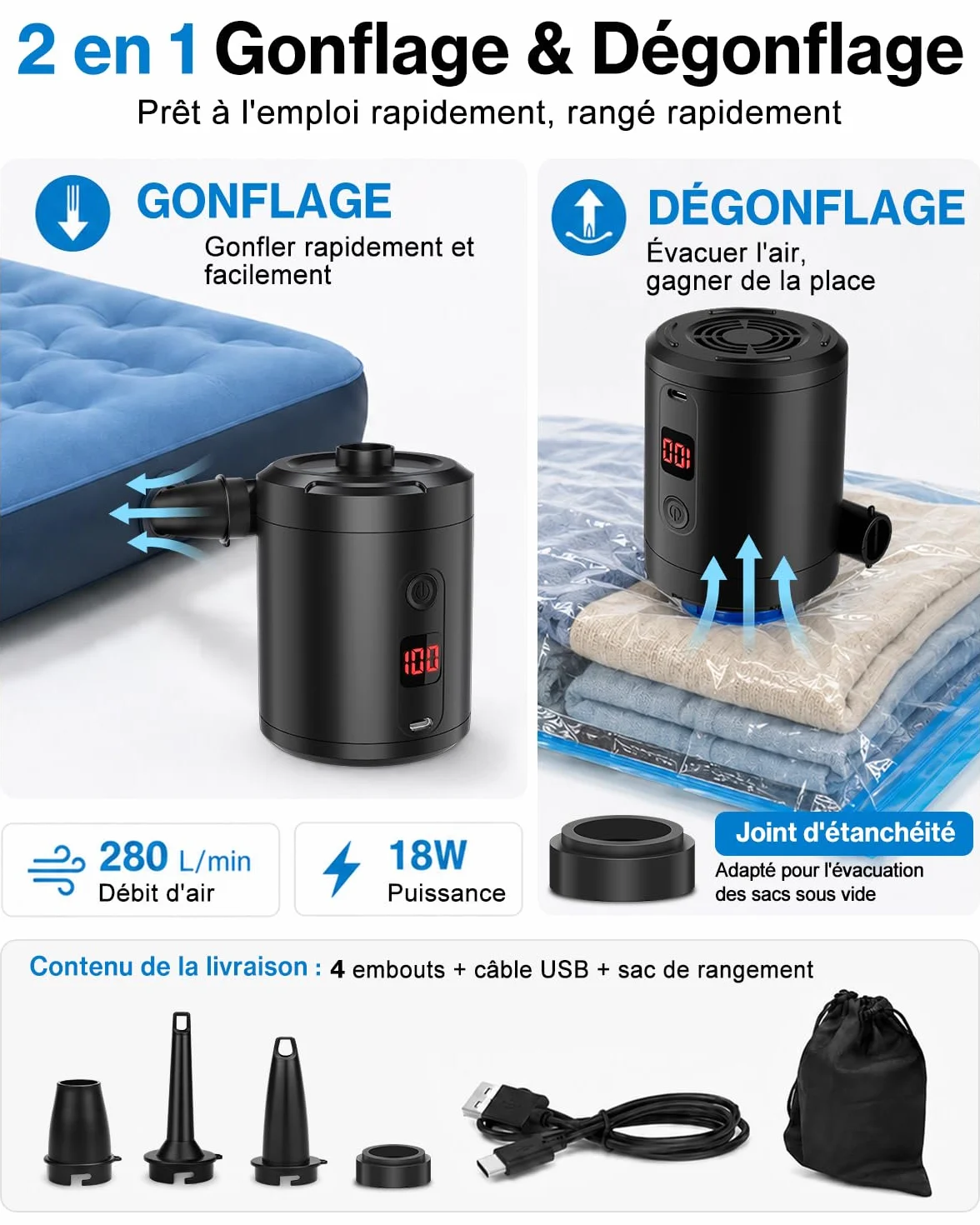 Pompe à Air Électrique Rechargeable 5200 mAh 280 L/Min avec Écran Numérique, Gonfleur Rapide Portable pour Matelas et Piscine