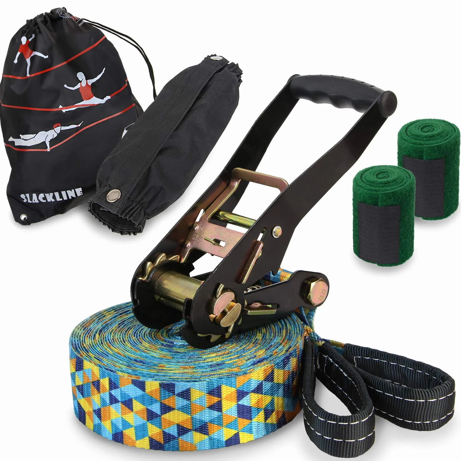 ALPIDEX Slackline Set 15 m avec Protections Arbre et Cliquet pour Enfants Débutants Avancés