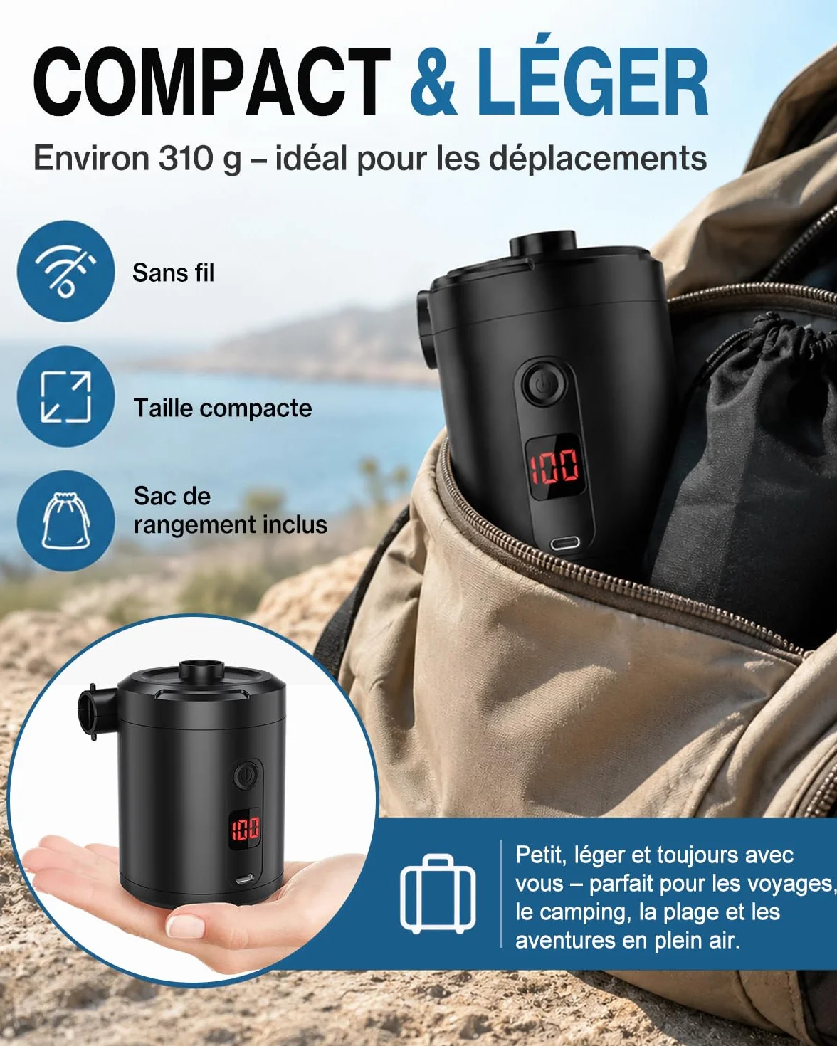 Pompe à Air Électrique Rechargeable 5200 mAh 280 L/Min avec Écran Numérique, Gonfleur Rapide Portable pour Matelas et Piscine