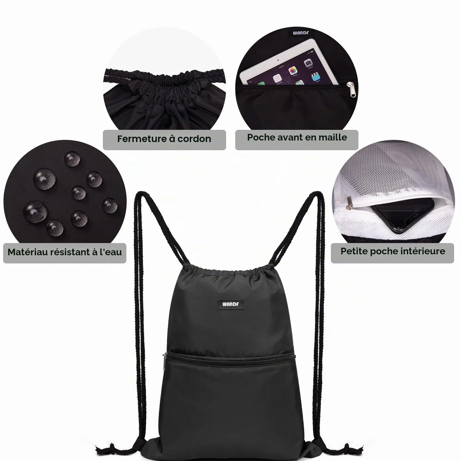 WANDF Sac de Sport à Dos avec Poche Extérieure Cordon Réglable