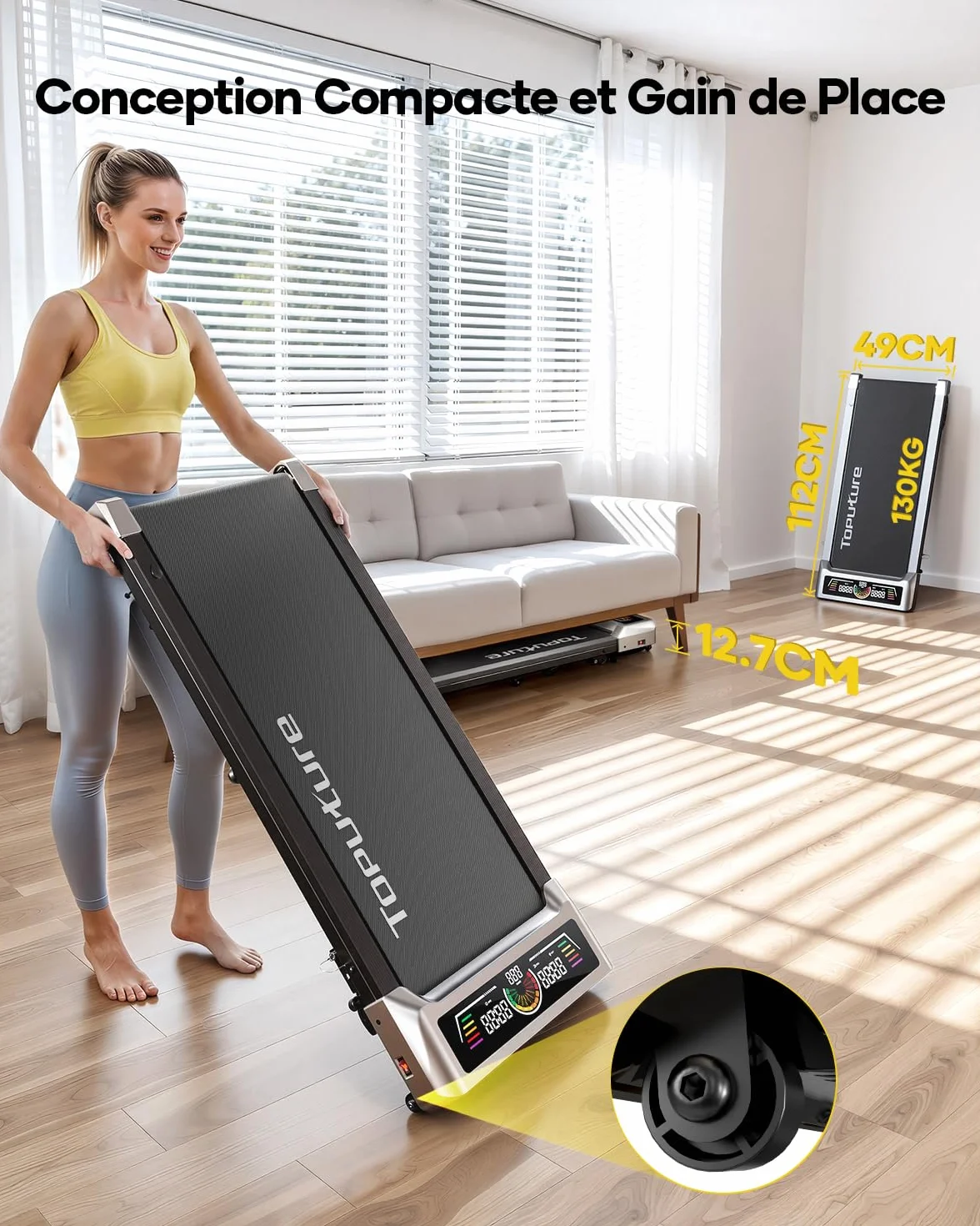 Tapis de Course électrique 2 en 1, 3.0 HP, Pente 0-5-10%, Vitesse 1-10 km/h, Compact sous Bureau