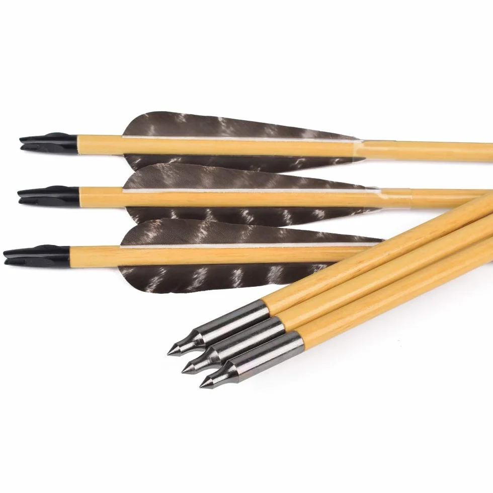 Flèches en bois 81 cm 12 pièces plumes naturelles 10 cm pour tir à larc chasse arc traditionnel recurve long