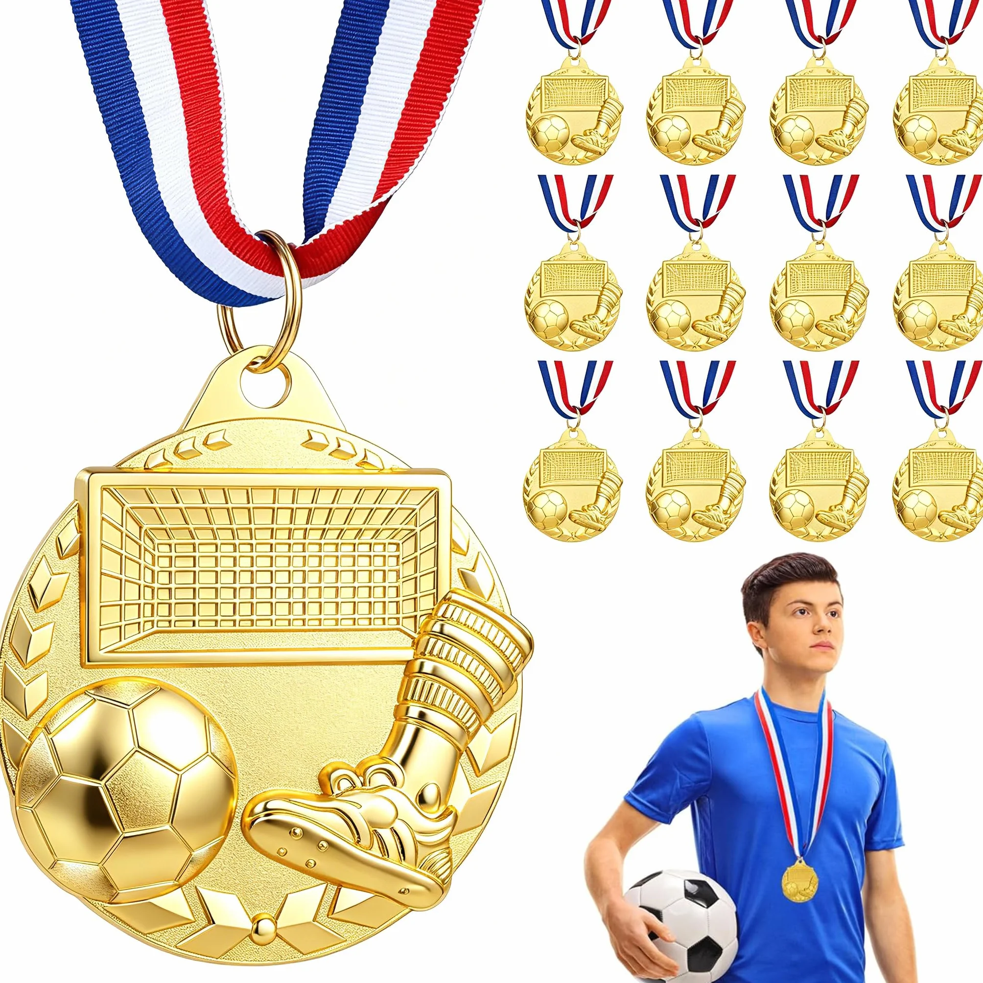 Médailles de Football en Métal Doré avec Ruban, 12 Pièces pour Adolescents et Adultes, Compétitions Sportives