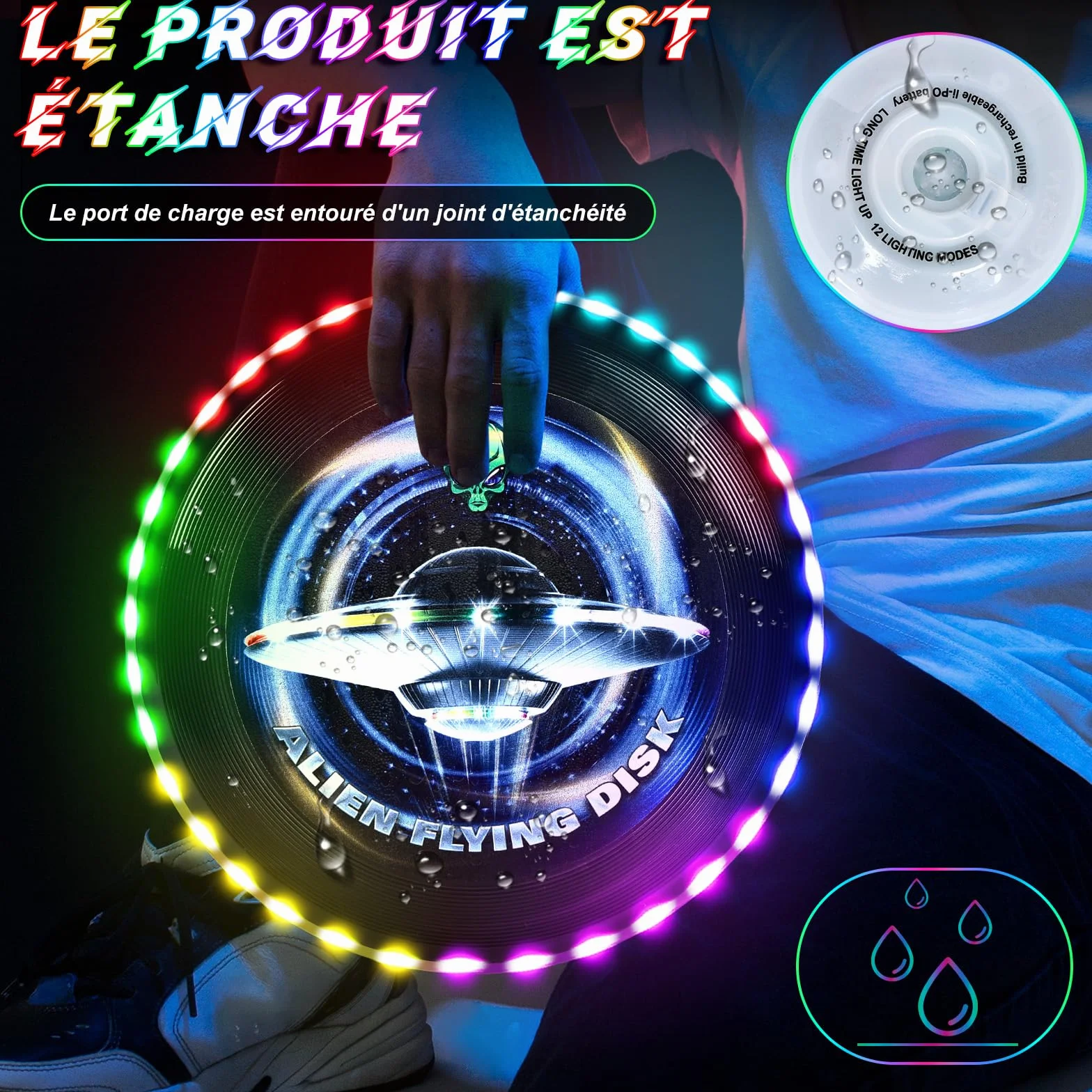 Frisbee Lumineux LED 12 Effets Lumineux Réutilisable Compétition Funsport Adultes Enfants Plage