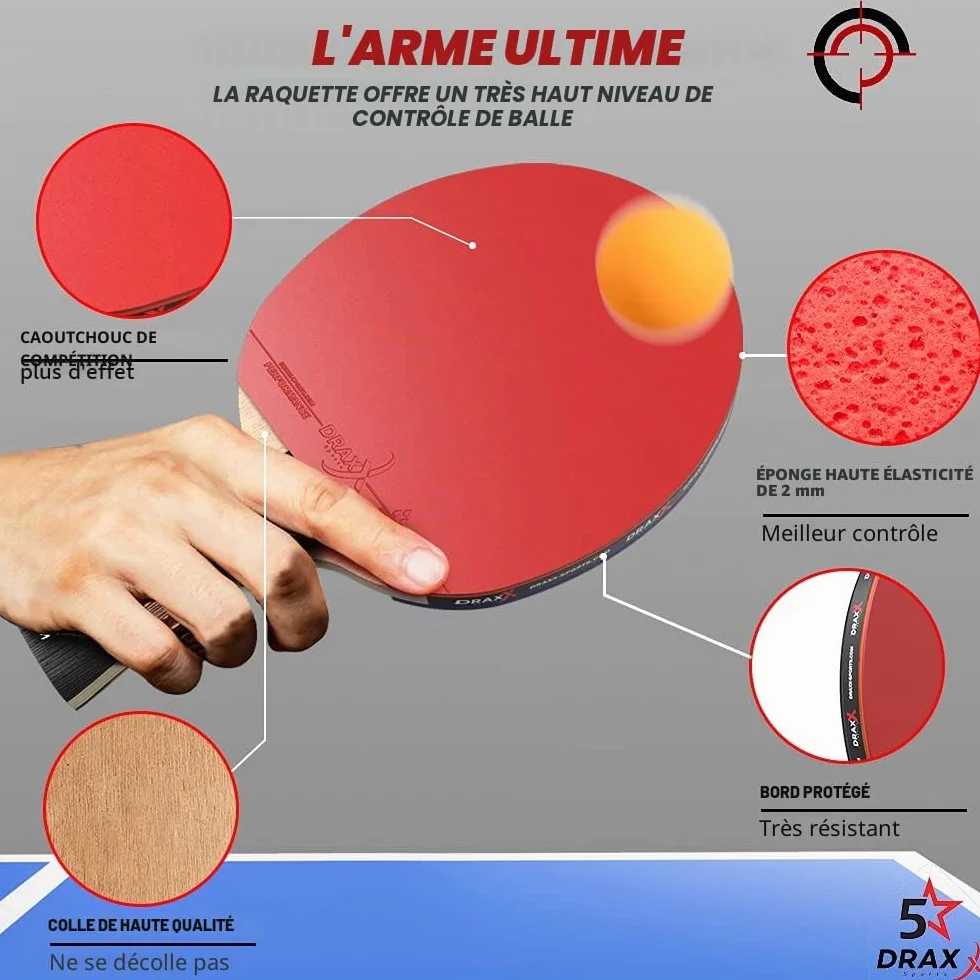 Raquette de Ping-Pong Carbone 5 Étoiles, Éponge 2mm, Légère et Rapide
