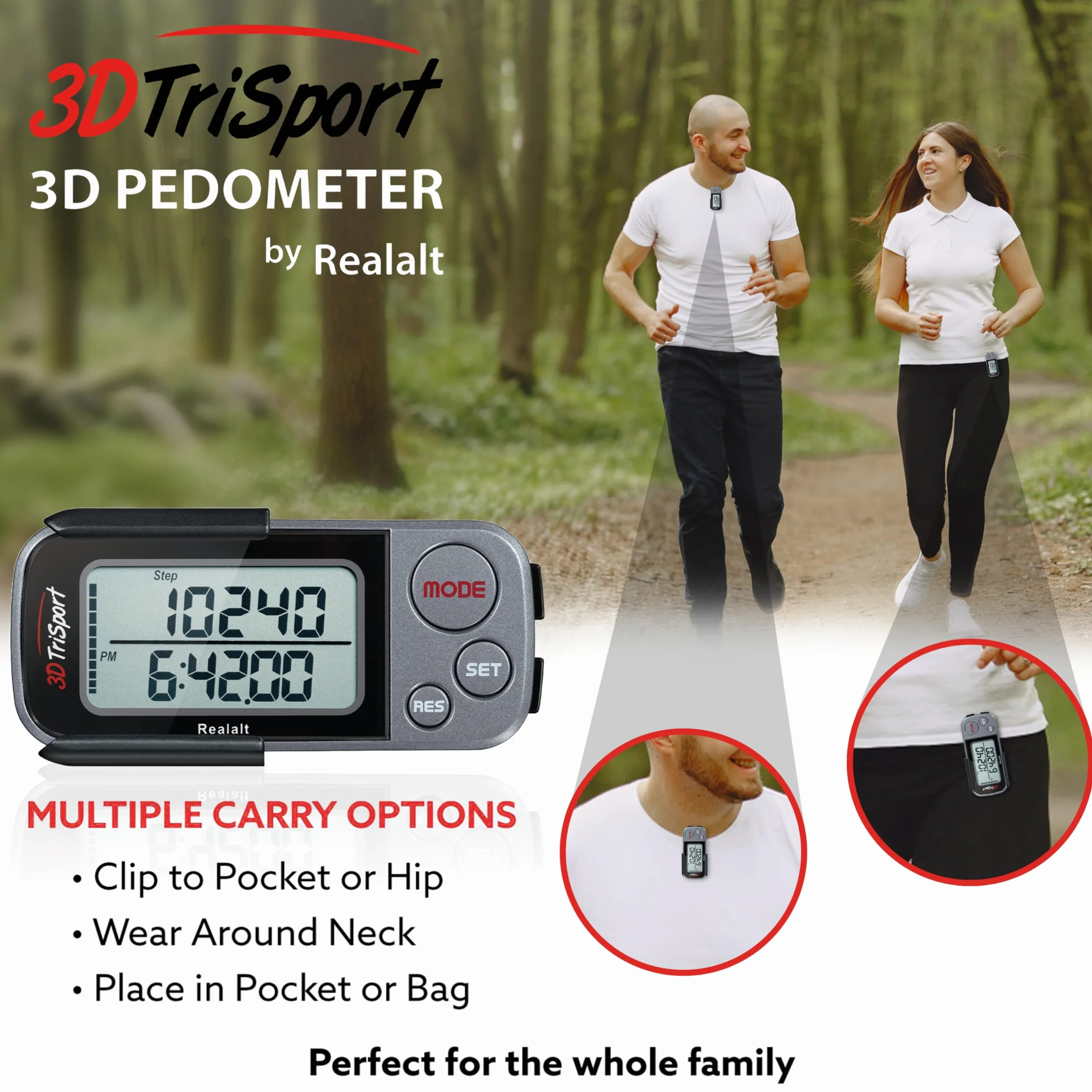 Realalt 3DTriSport 3D Pedometer, Accurate Step Counter with Clip and Strap