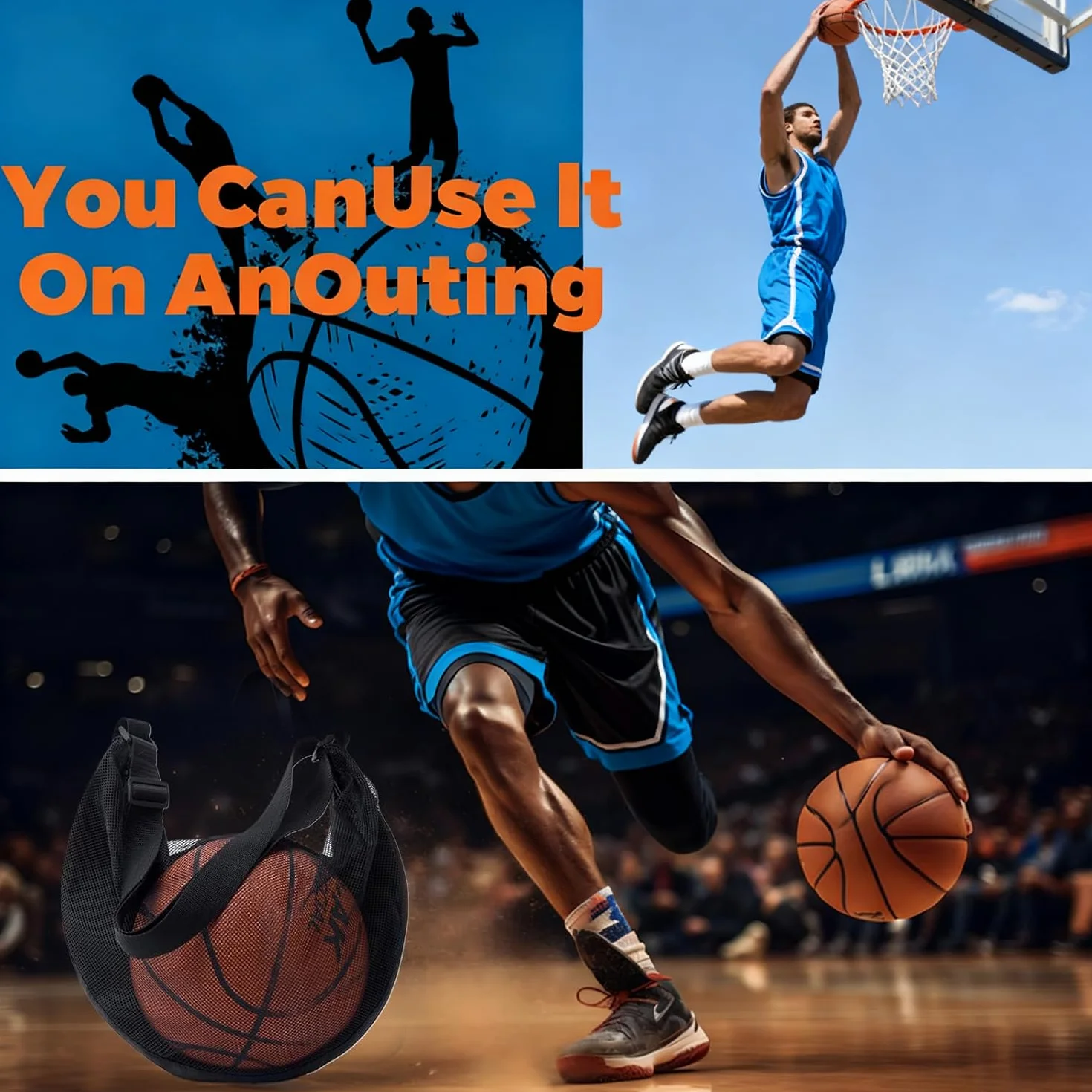 Sac de sport en maille filet WUBAYI avec mousqueton pour basket-ball football