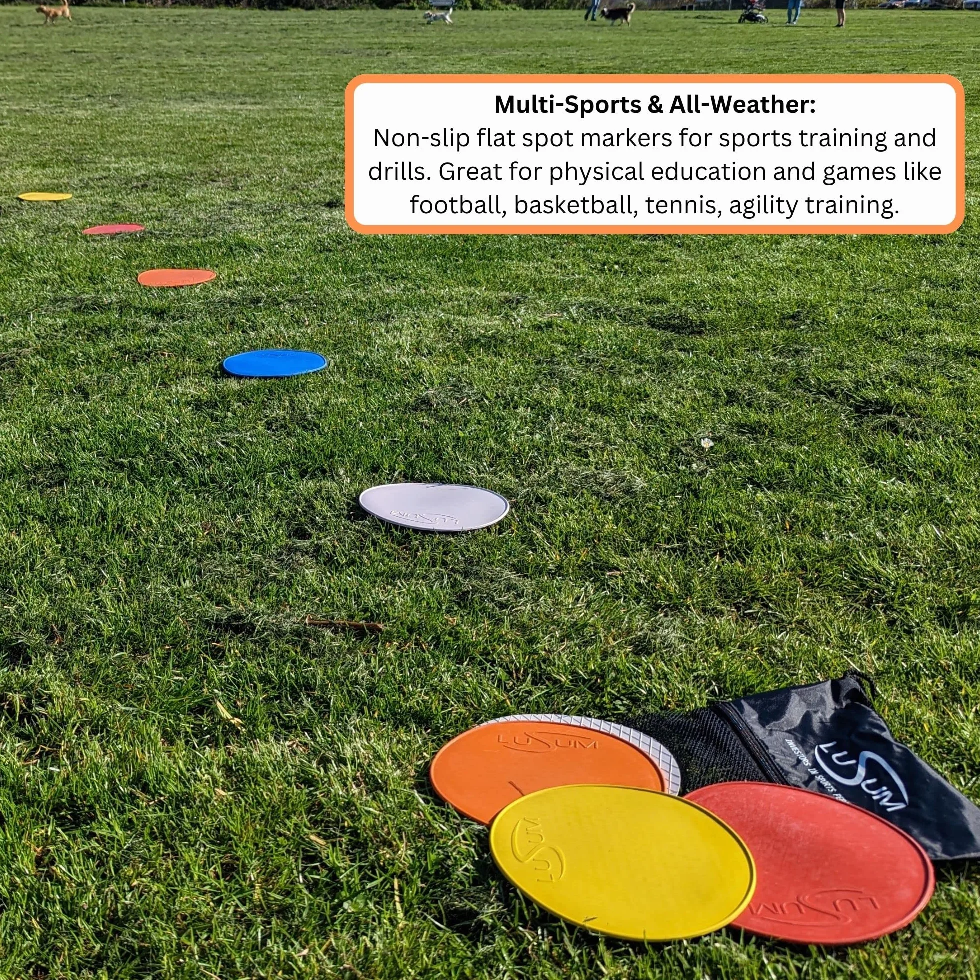 Lusum Lot de 20 disques de marquage en caoutchouc antidérapant taille réelle pour sports - Cônes plats entraînement football avec sac