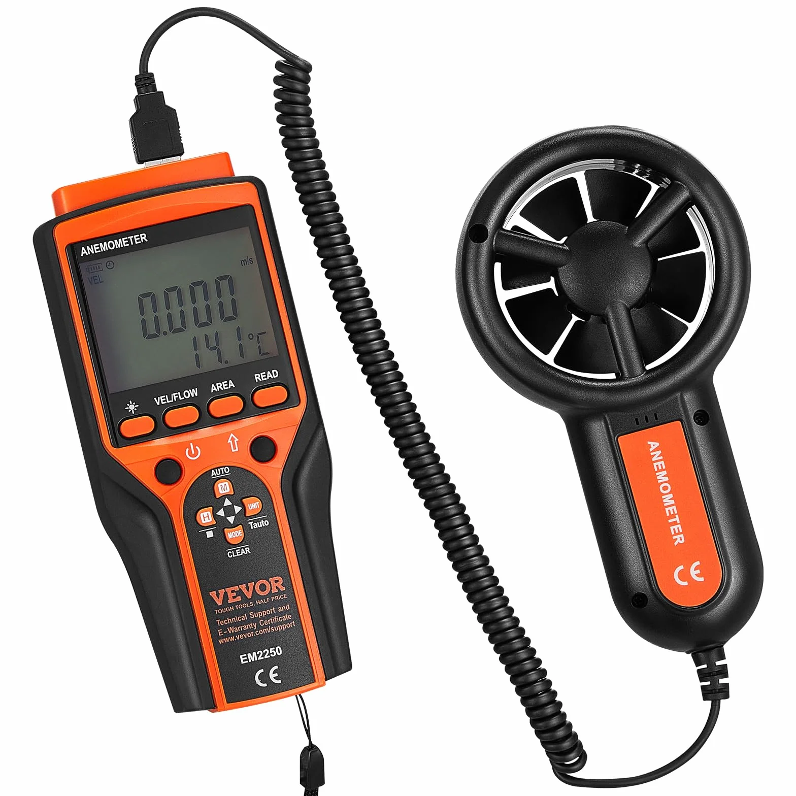VEVOR Anémomètre Portable -10℃ à 60℃ Numérique Vitesse du Vent CFM Mesure Température Flux d'Air Refroidissement Éolien Écran Rétroéclairé LED