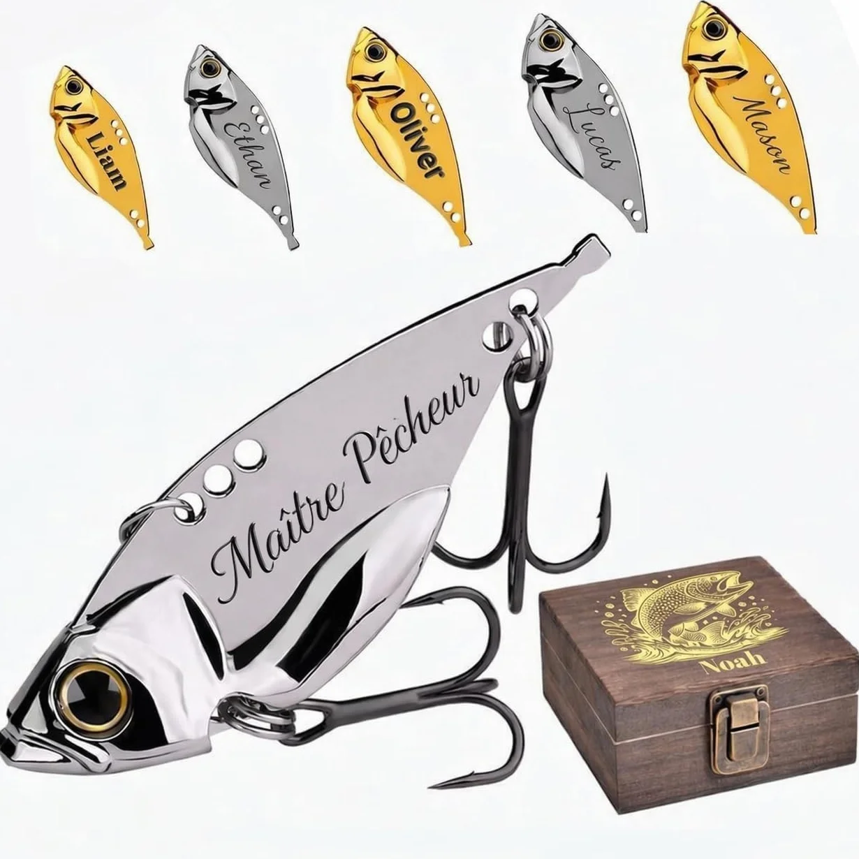 Cadeau Fête des Pères Leurre Pêche Personnalisé avec Texte Gravé Boîte en Bois Accessoires de Pêche pour Homme