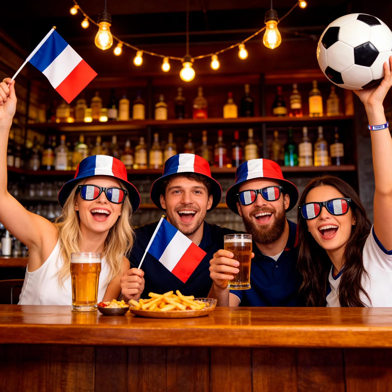 Kit Supporter France Football 6 Pièces Chapeau Pêcheur Polyester Lunettes Drapeau Pavillons Main Bracelet Tricolore
