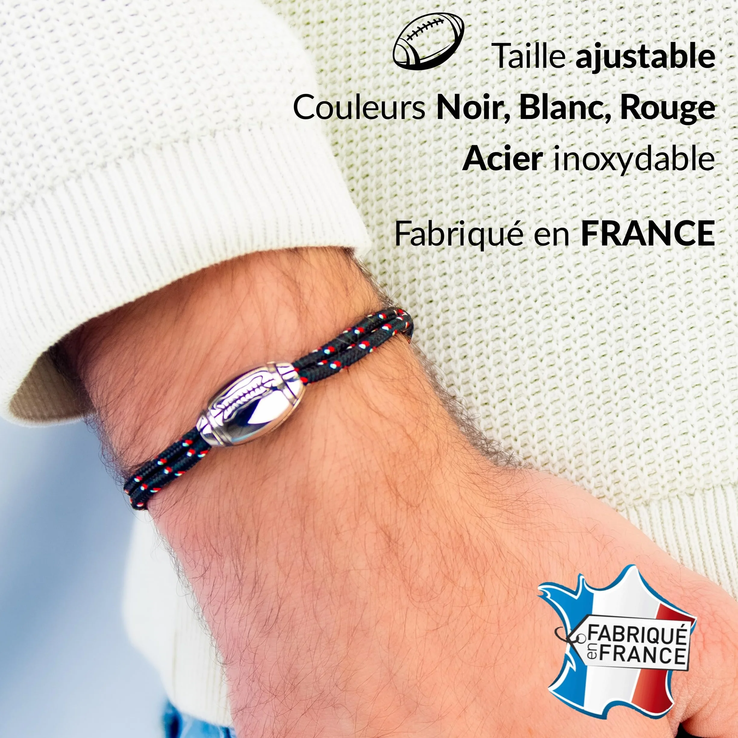 Bracelet rugby Ernestine taille ajustable breloque ballon XV de France homme cadeau