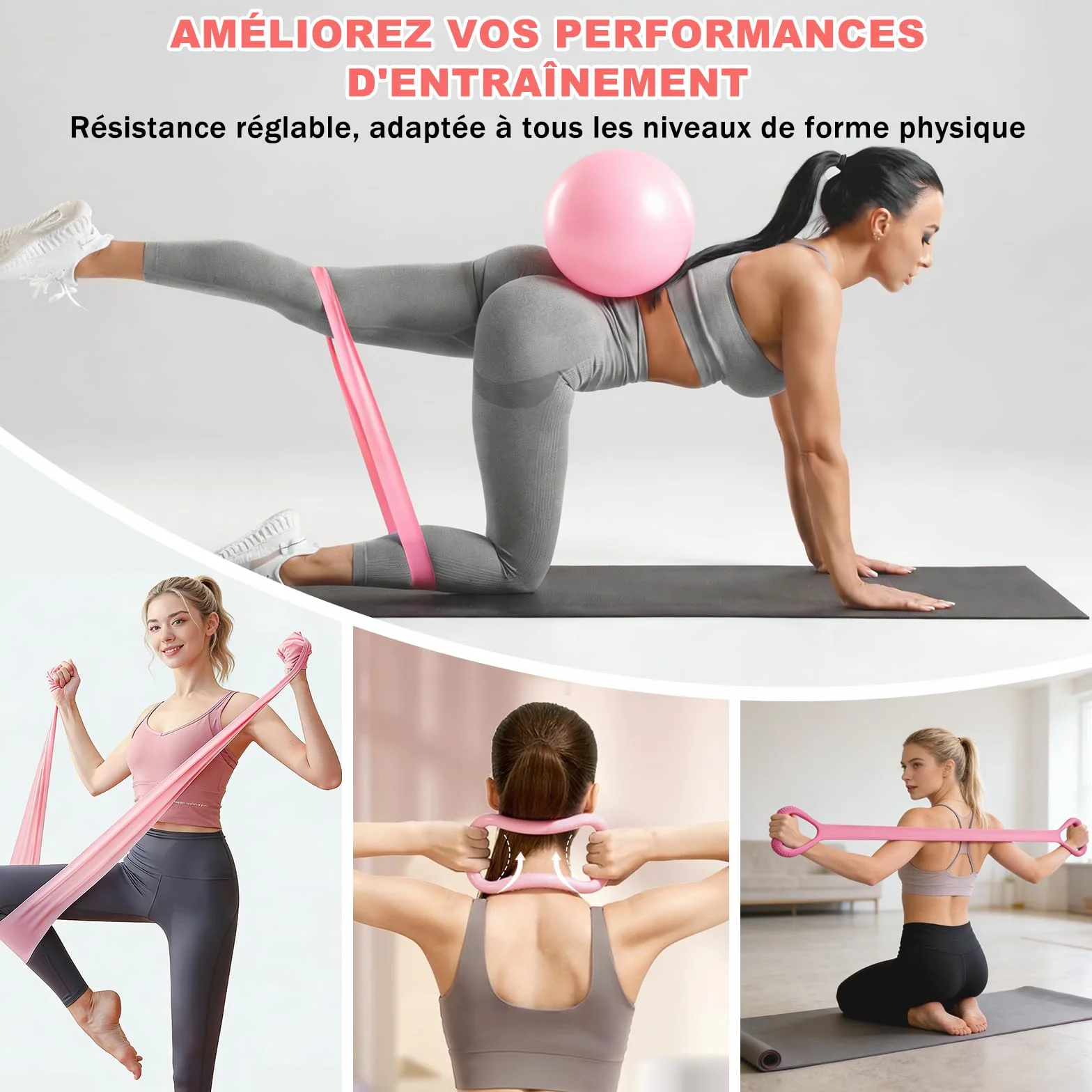 Kit Pilates Maison 13 Pièces Accessoires Fitness Femmes Anneau Balle Sangle Yoga Affiche Entraînement Sac Portable Rose