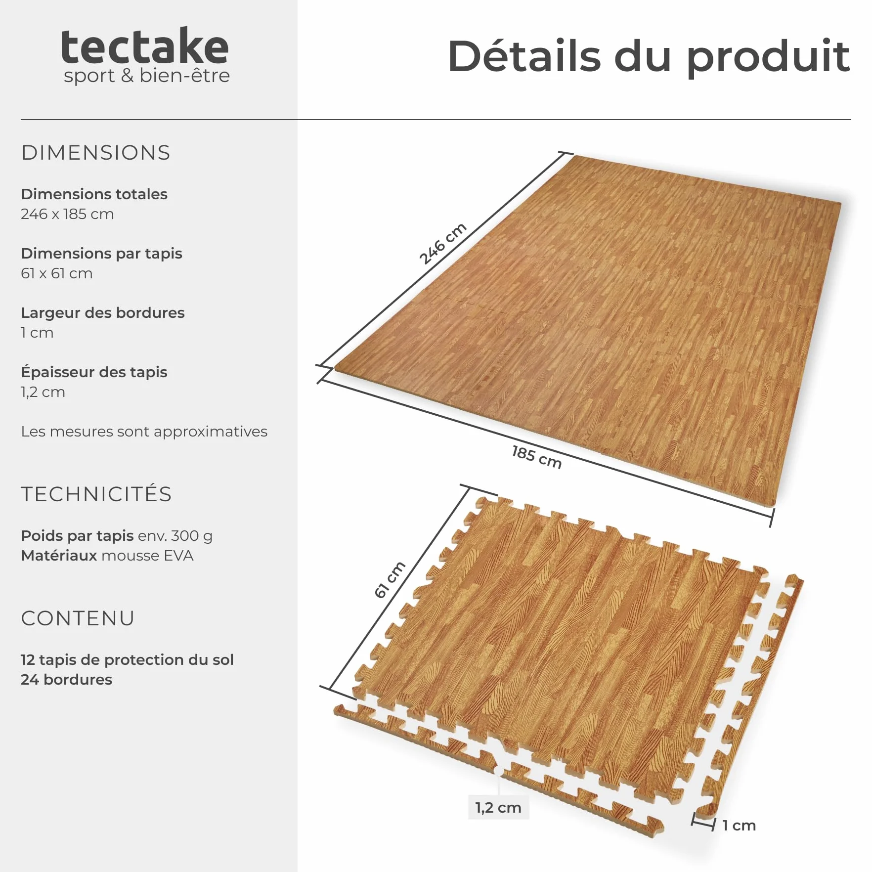 Tapis de sport 12 dalles mousse EVA 61x61x1 cm Isolant thermique acoustique Gym Fitness Yoga Sol salle de sport Effet bois