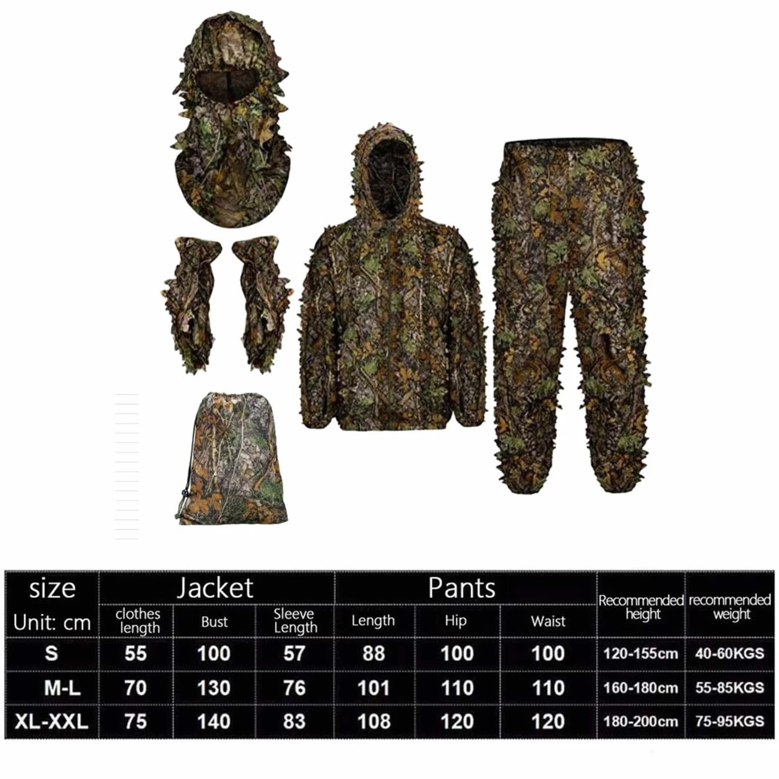 Milageto Ghillie Suit Set Woodland Camouflage 3D Leafy Hunting Costume for Outdoor Game, M L