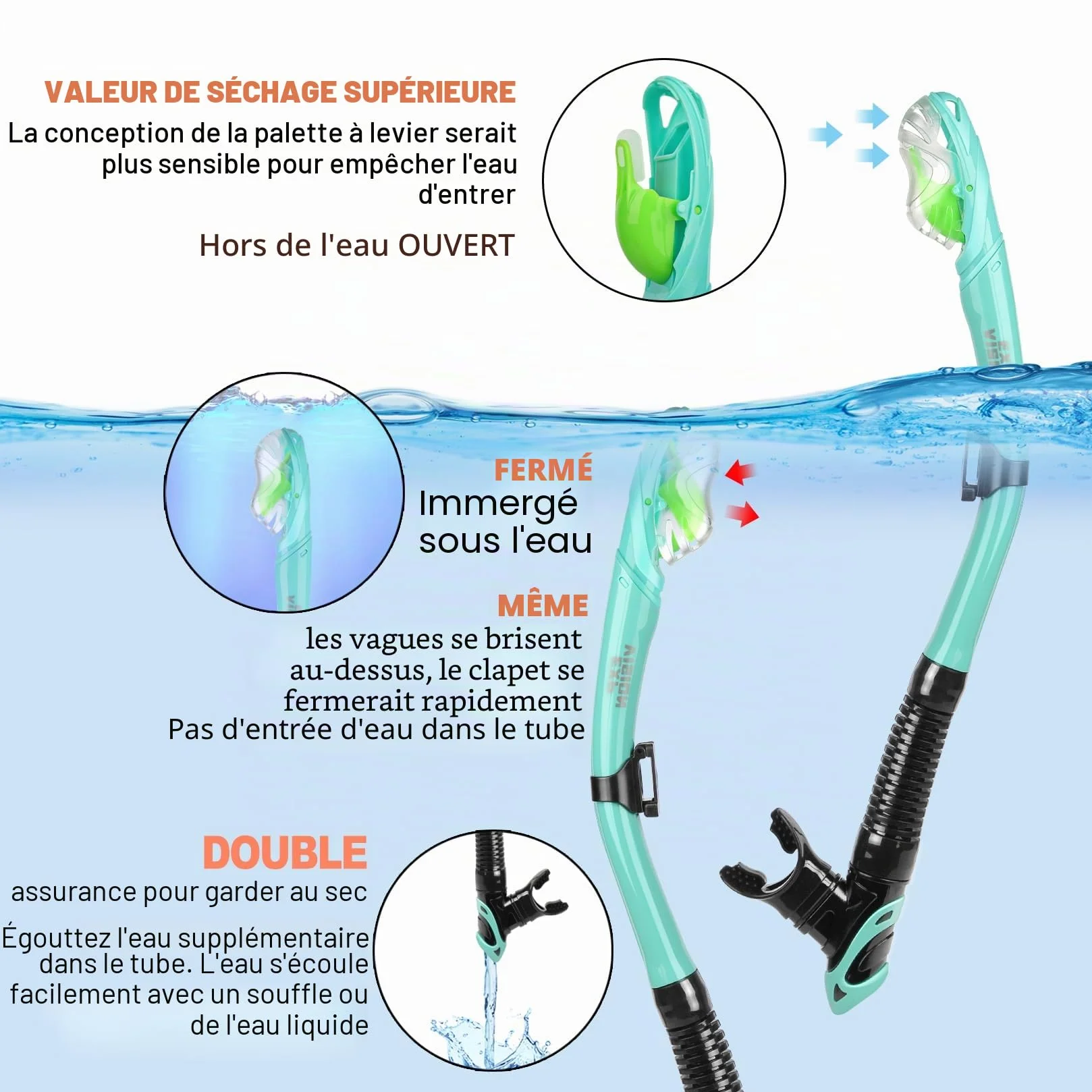 Masque de Plongée avec Tuba Sec, Pano à 3 Fenêtres, Antibuée pour Adultes