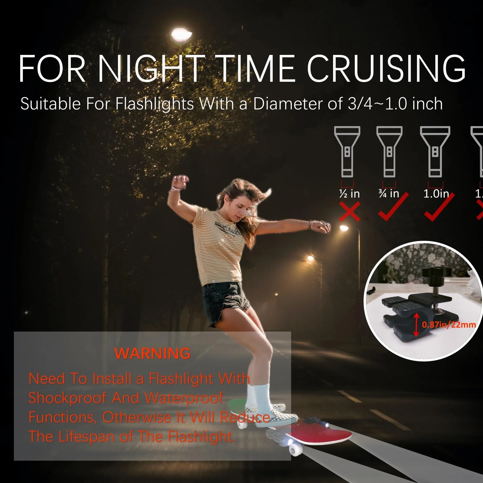 Lumières de skateboard portables amovibles avec lampe de poche pour croisières nocturnes