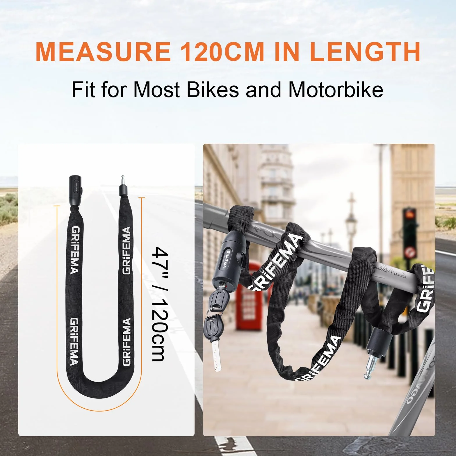 GRIFEMA GA1201-12 Chaîne Antivol Vélo 120 cm Cadenas Vélo Motos Trottinette Portail Noir