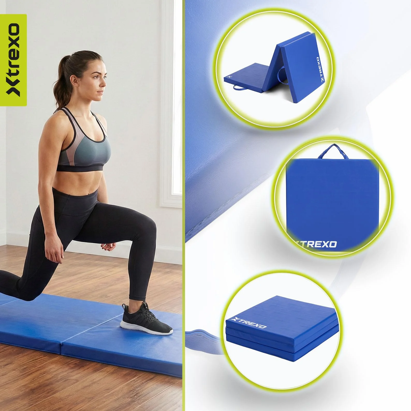 Tapis de Gymnastique Pliable TREXO 180 x 60 x 5 cm 3-Panneaux Mousse EPE Bleu
