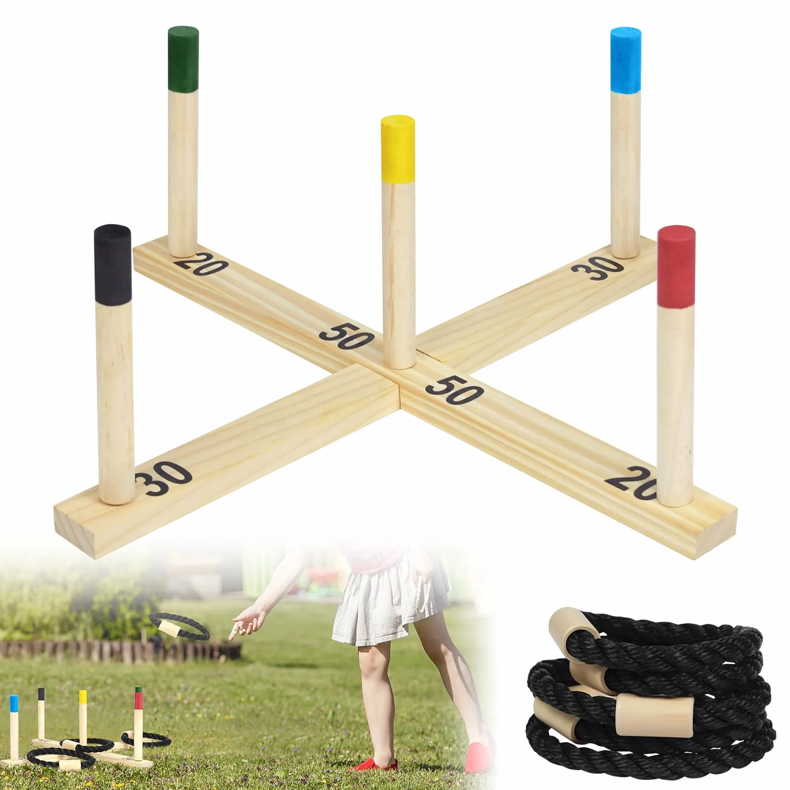 Jeu de lancer d'anneaux en bois avec 5 anneaux en nylon et 5 barres colorées
