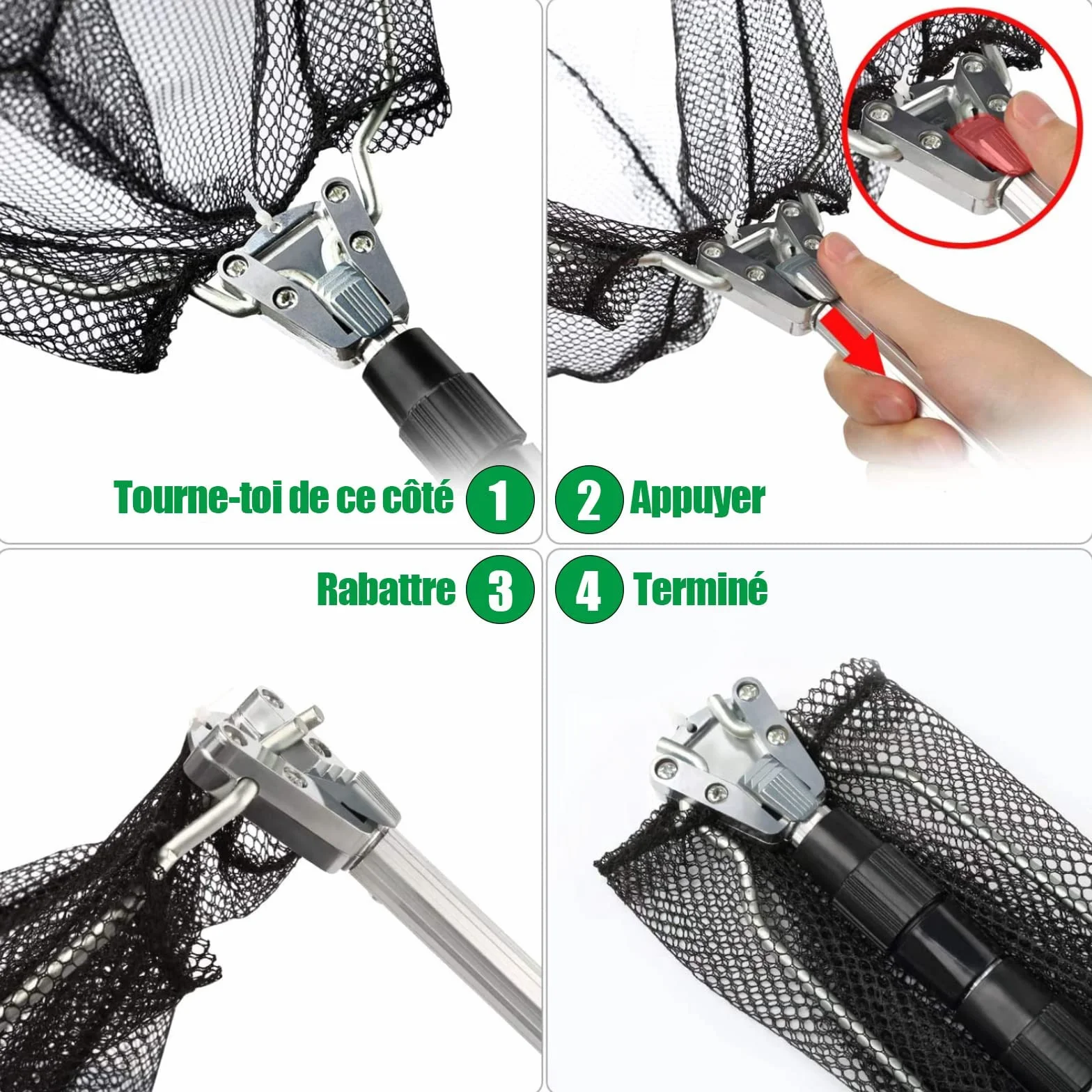 Épuisette de Pêche Pliable 190cm Manche Téléscopique Alliage d'Aluminium 4 Sections Filet Nylon Triangulaire 37-68 Pouces pour Carpe Truite