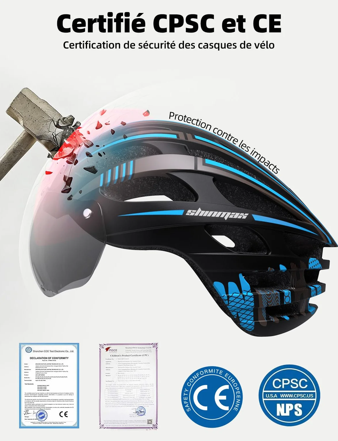 Shinmax Casque Vélo Homme Femme avec Lumière USB Visière Magnétique Certifié CE 57-62CM RC-049