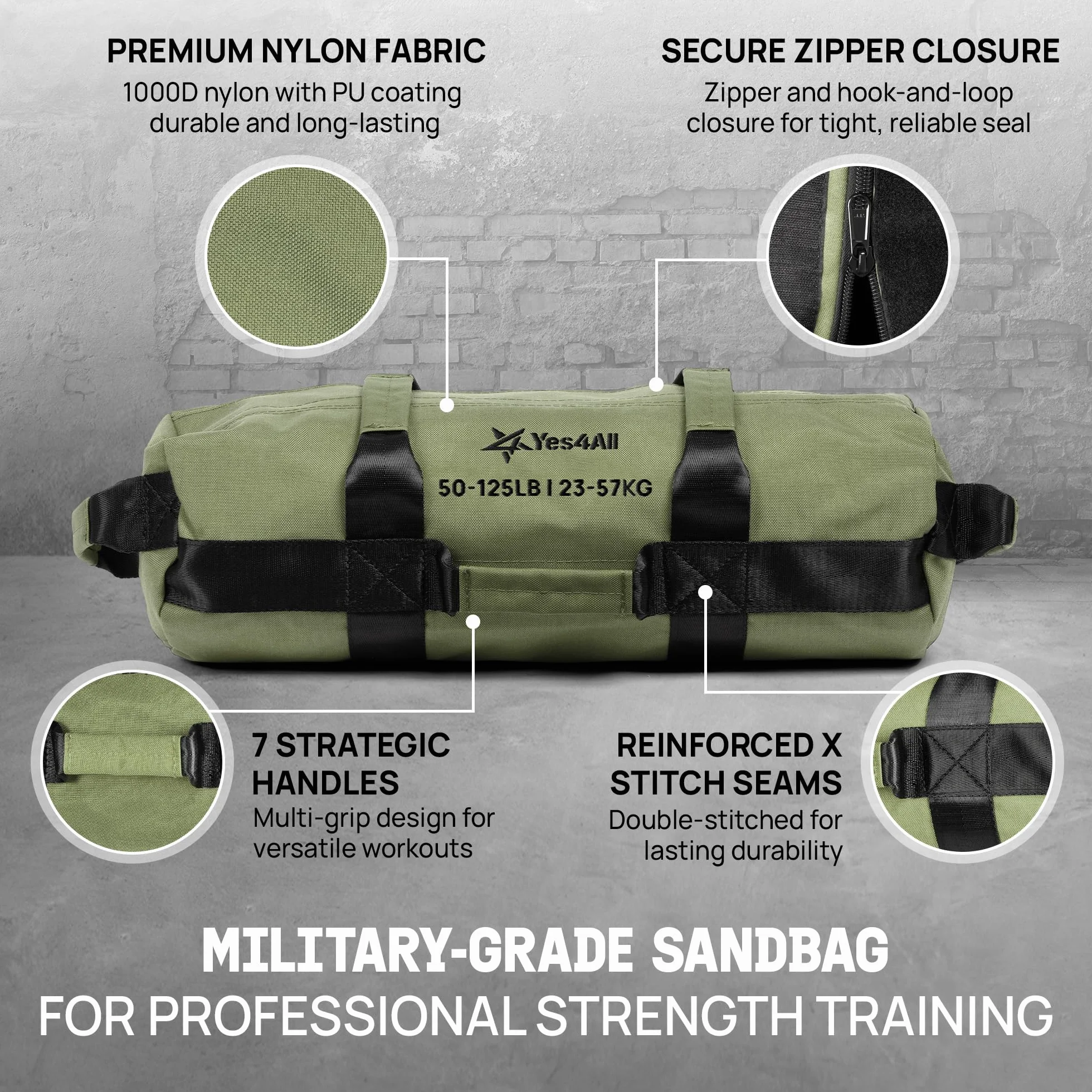 Yes4All Sac de Sable Réglable 7 poignées Power Bag Carolous 2-90 kg Non rempli pour Entraînement Fonctionnel Rucking Crossfit