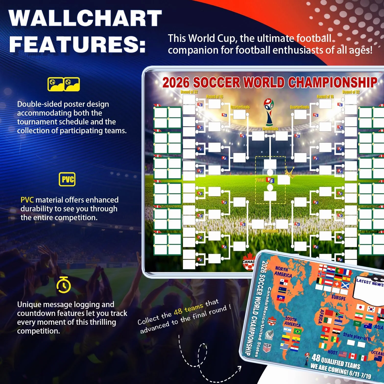 Affiche Coupe du Monde 2026 Double Face 77x54 cm Décoration Football