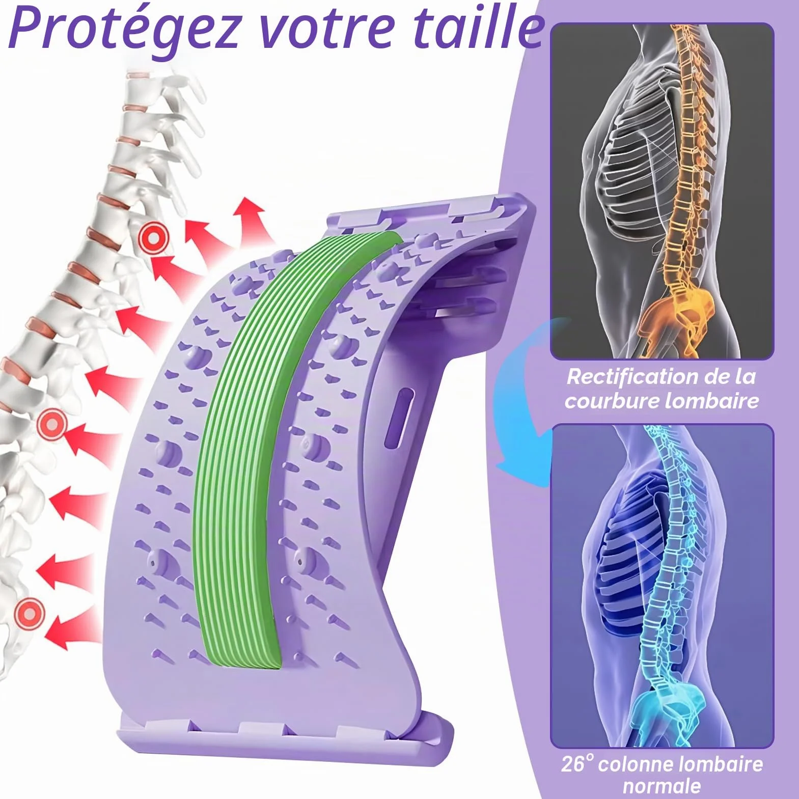 Magic Stretcher Planche de Soutien Lombaire 4 niveaux réglables 10 magnétique Violet