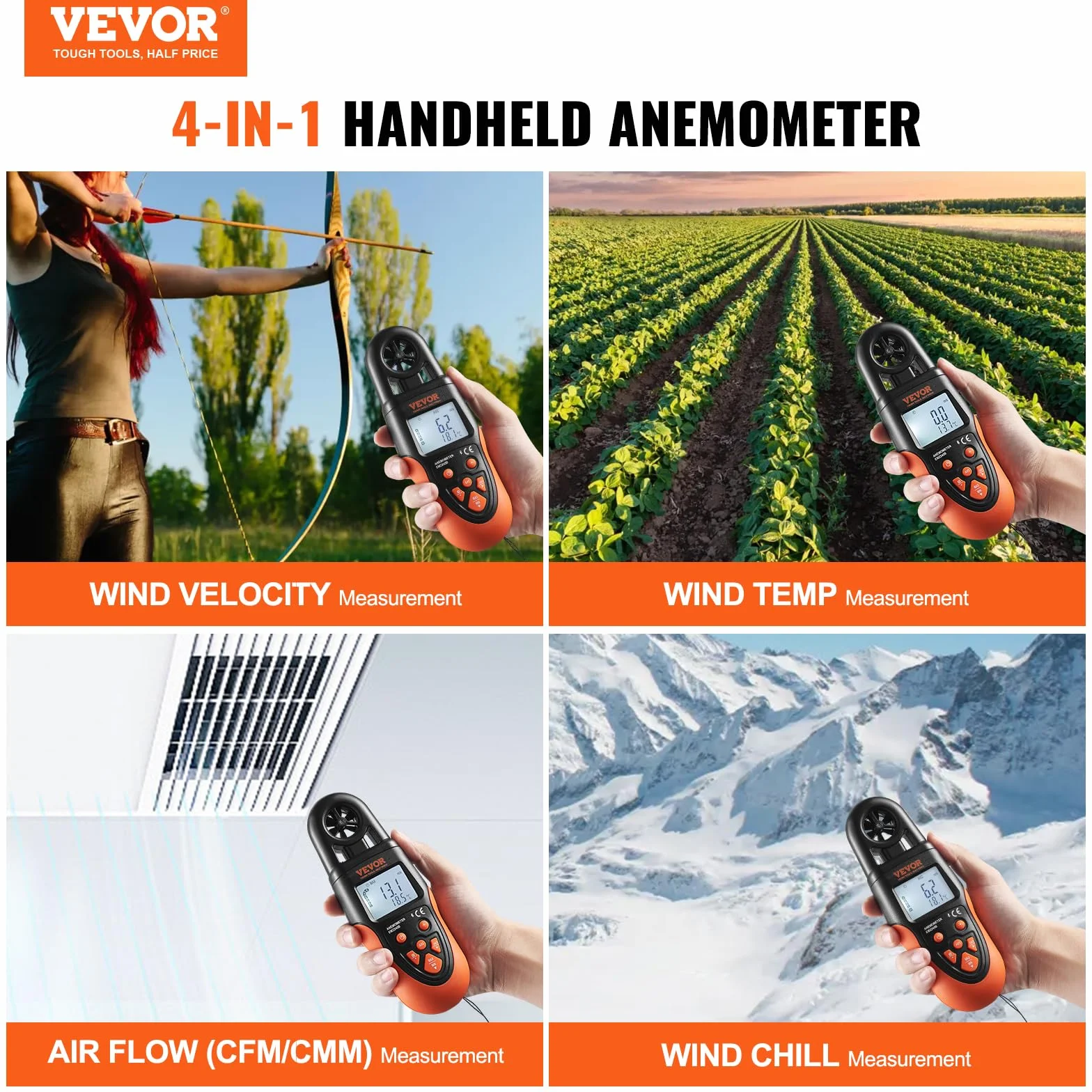 VEVOR Anémomètre Portable -10°C à 60°C Mesure Vitesse du Vent Numérique avec Écran Rétroéclairé LED