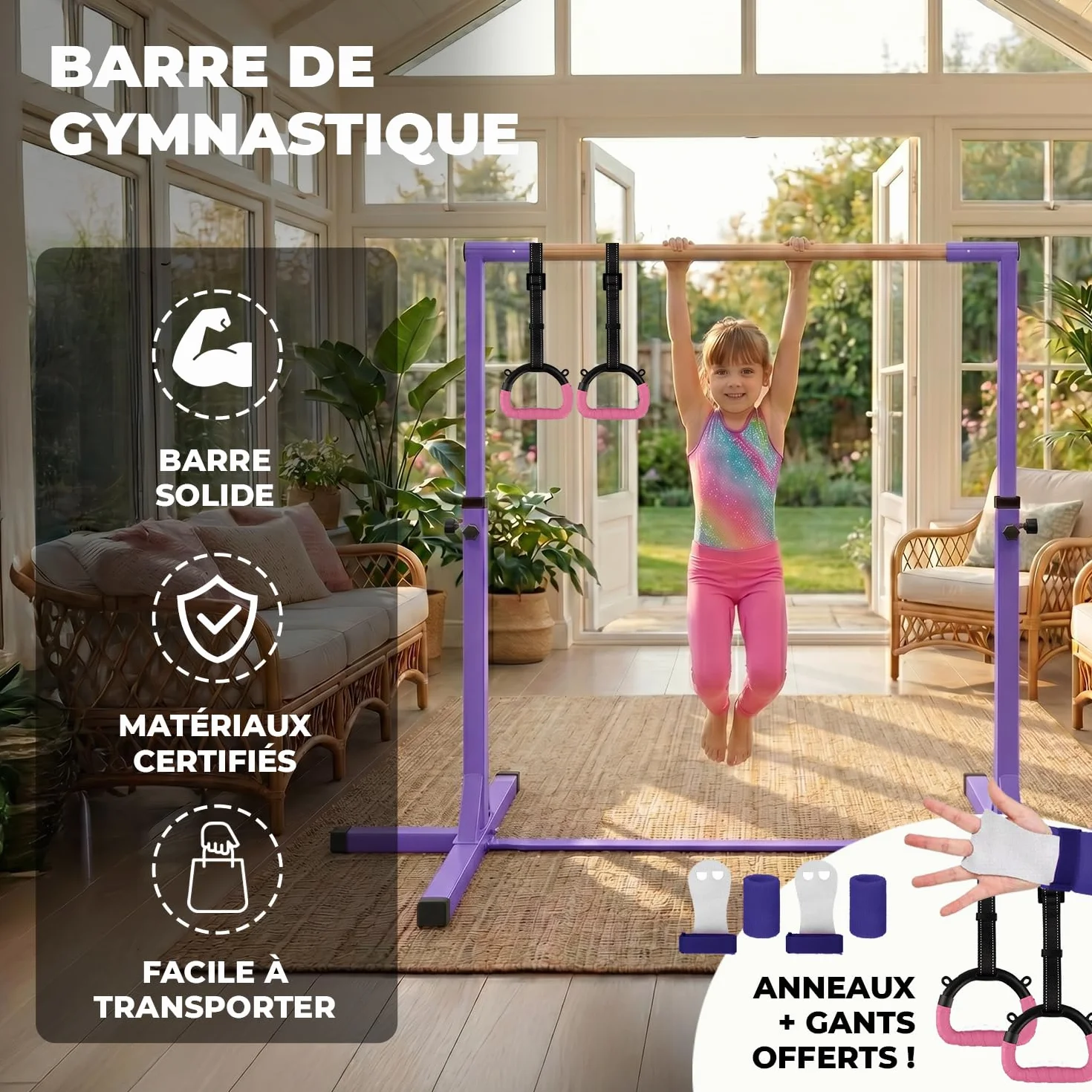 Barre Gymnastique Enfant Violette Gym Bar® 90-150 cm Acier Bois Hêtre Antidérapante Fitness Intérieur Extérieur