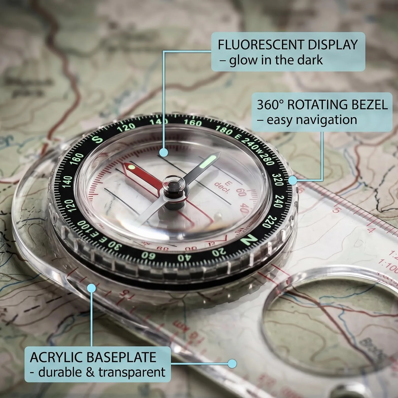 Boussole Randonnée Militaire avec Déclinaison Réglable, Navigation Transparente d'Orientation pour Camping Plein Air