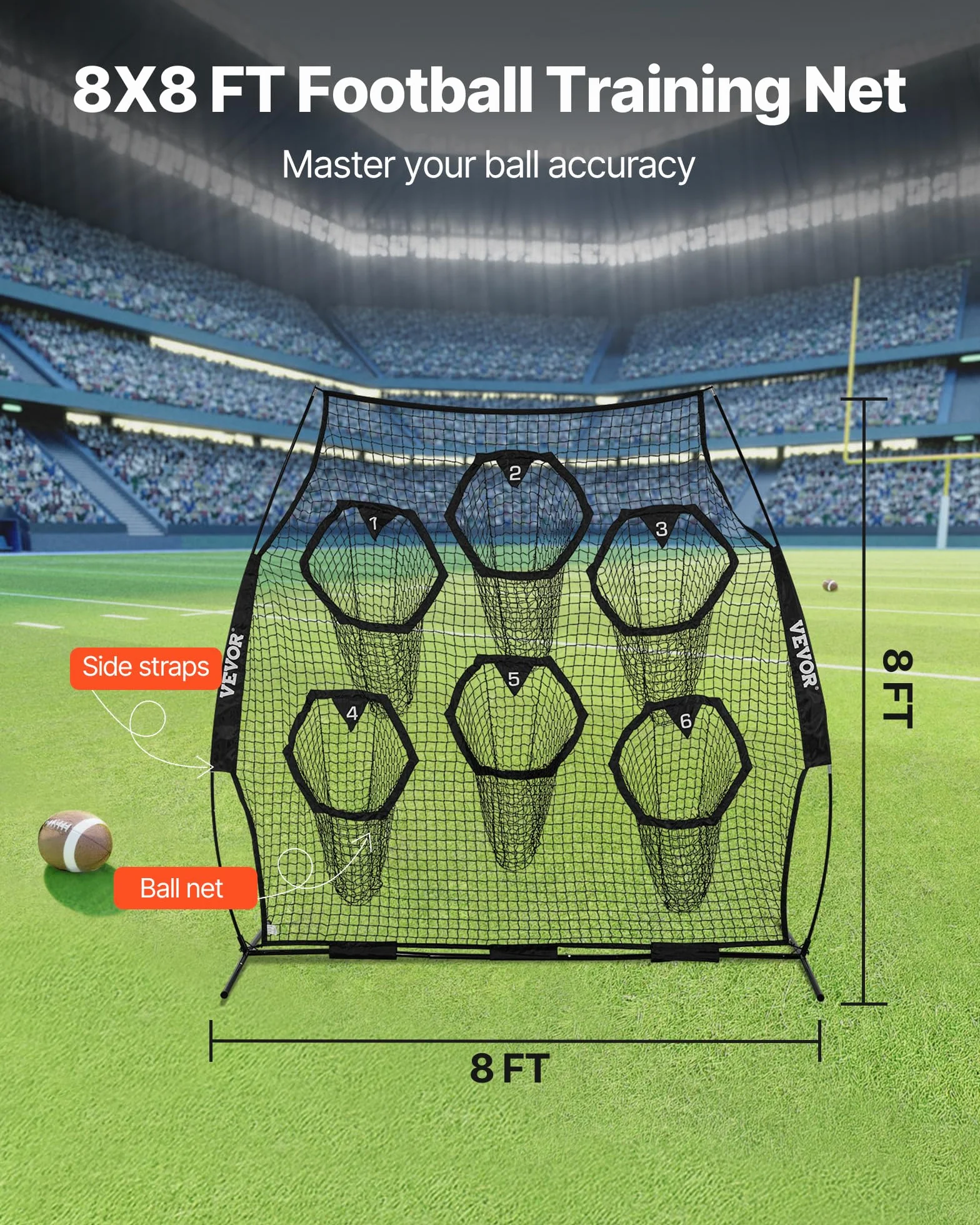 VEVOR Filet d'entraînement Football 274 x 243 cm, Filet de Lancer Rugby 6 Poches Cibles, Sans Nœuds, Sangles et Étui Transport Inclus, Noir